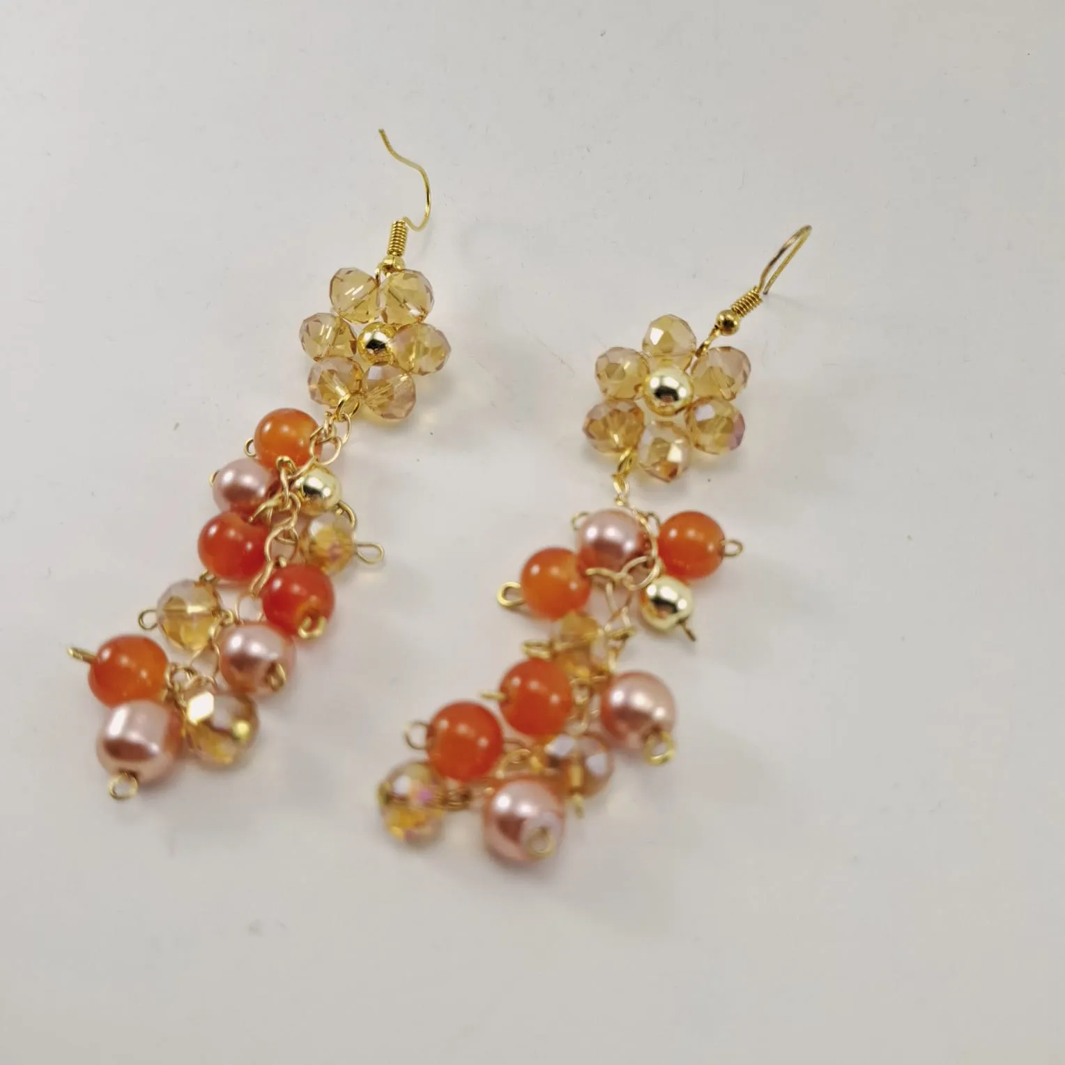 Orange and Champagne Crystal Beaded Dangle Earrings