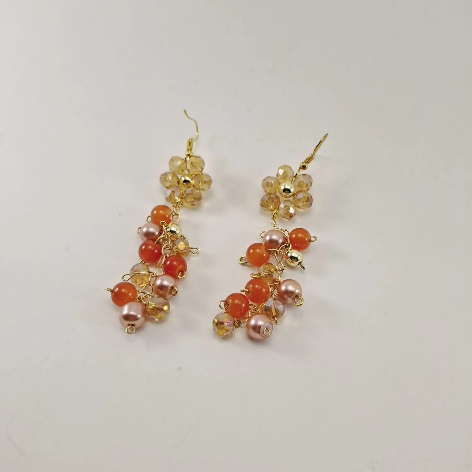 Orange and Champagne Crystal Beaded Dangle Earrings