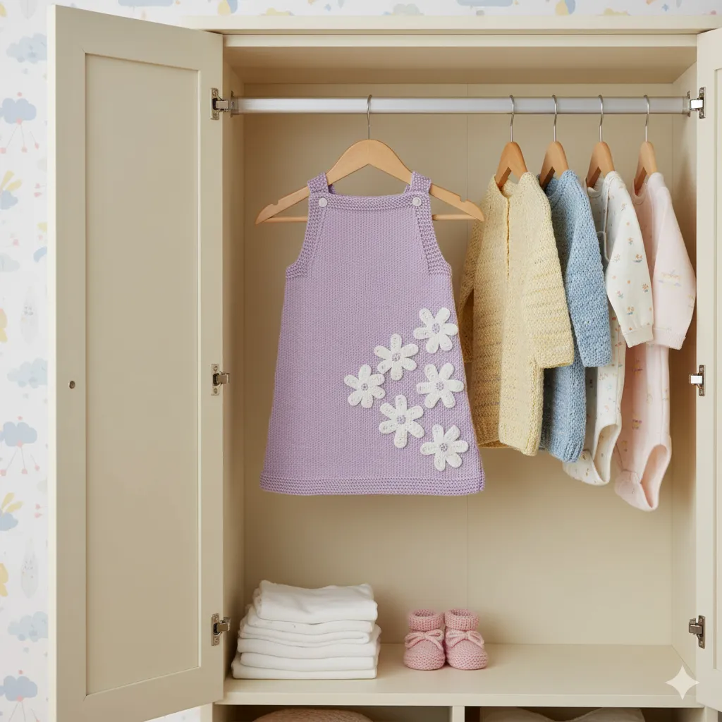 Purple Knitted Baby Dress (0-2 Years) - White Flower Detailed