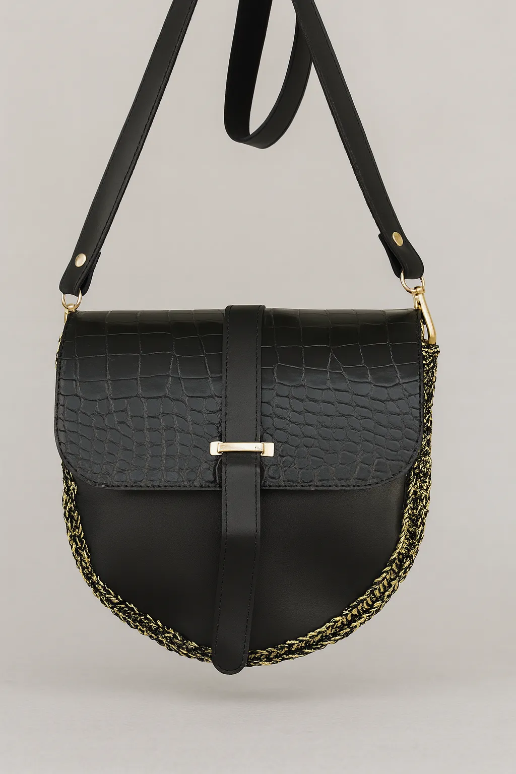 Crocodile Pattern Black Shoulder Bag