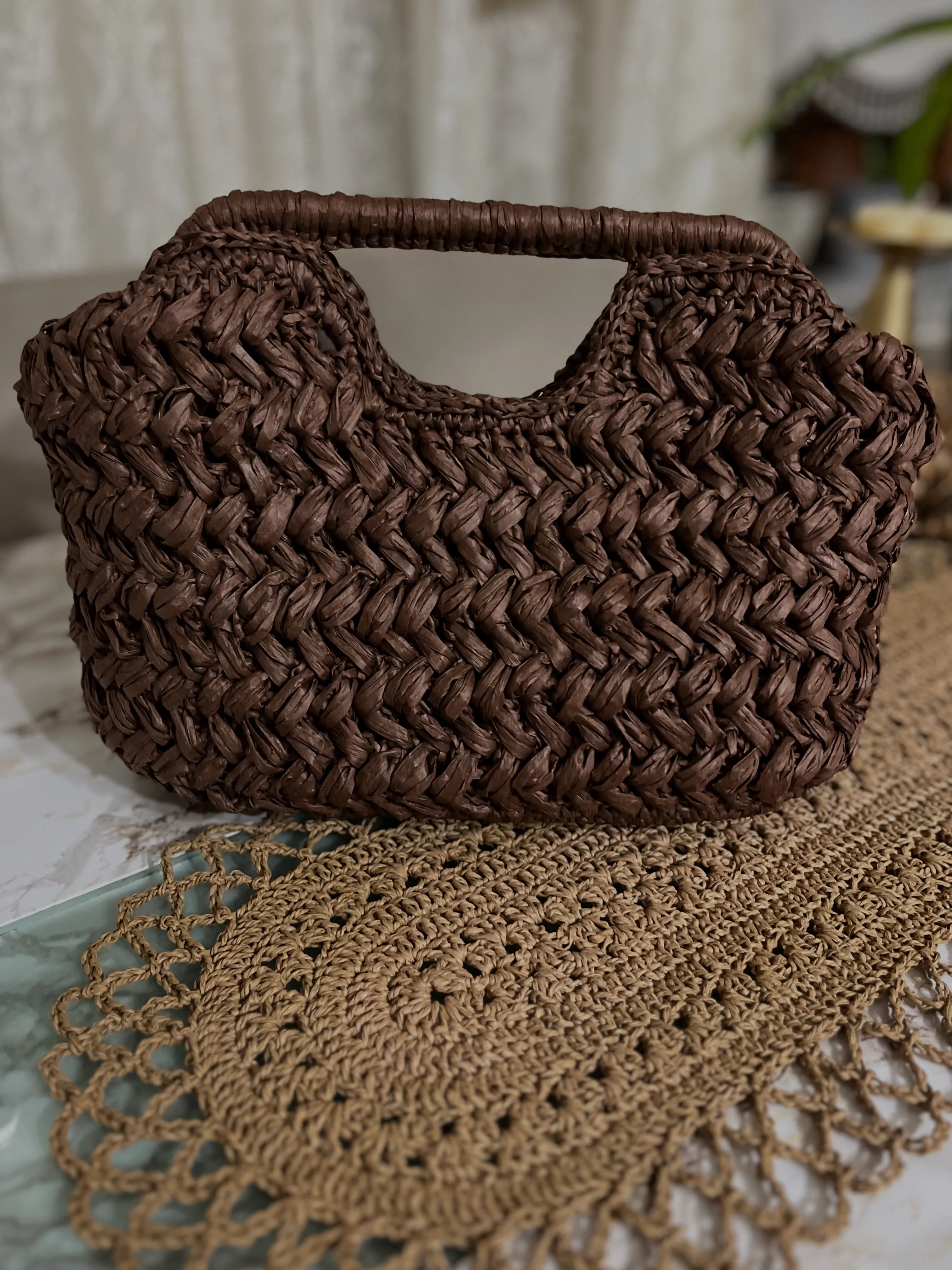 Brown Raffia Knit Bag with Flap - Lined, Stylish Design