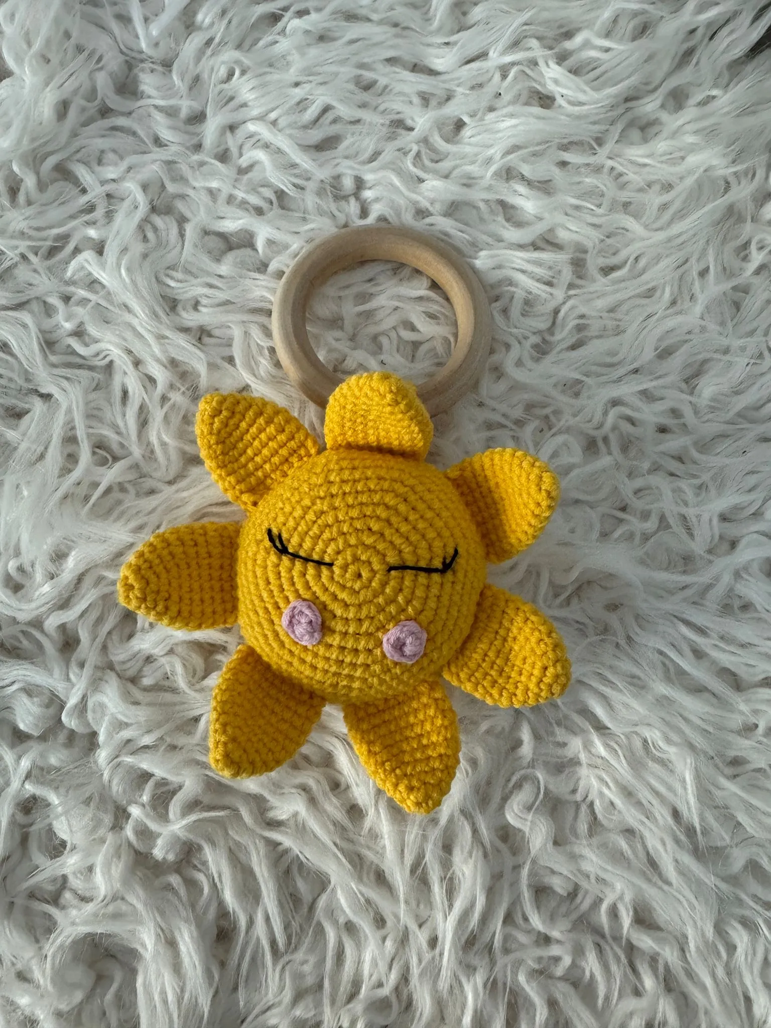 Yellow Amigurumi Sun Baby Rattle and Wooden Teether - Handmade
