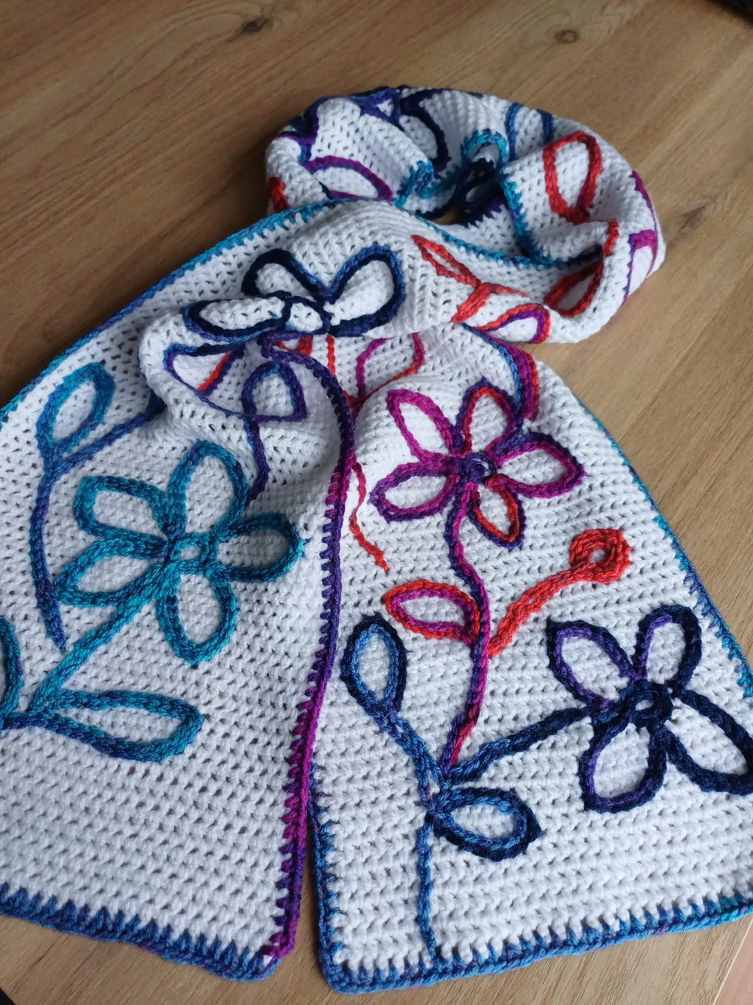 White Knitted Scarf with Floral Pattern - Handmade with Love 166 cm