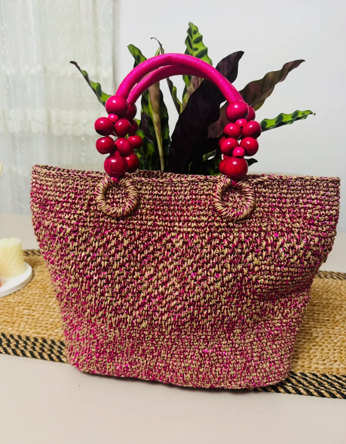 Fuchsia Metallic Cord Knitted Bag - Elegant Design with Beaded Detailed Handle
