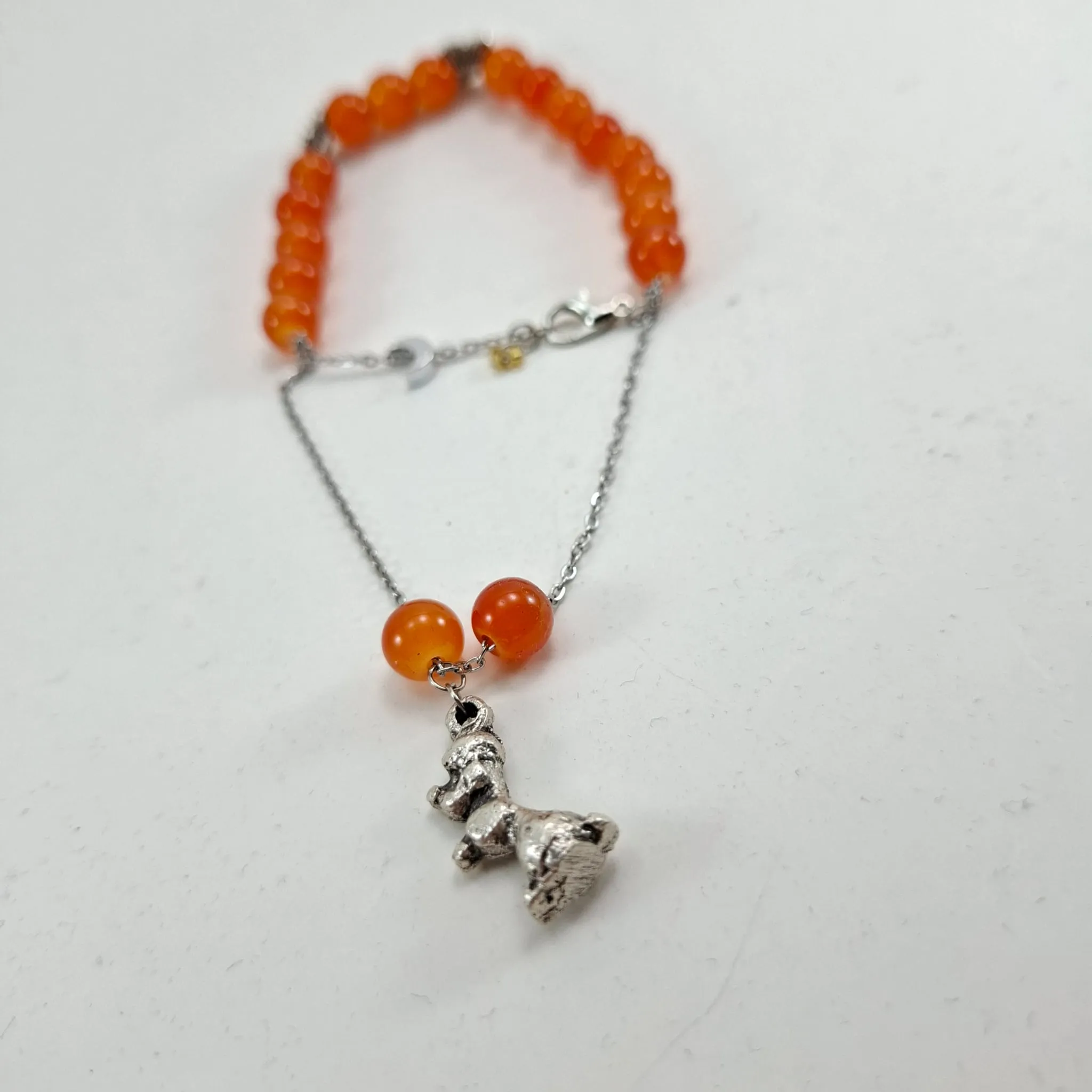 Orange Beaded Silver Chain Bracelet - Dog Figure Lucky Bracelet