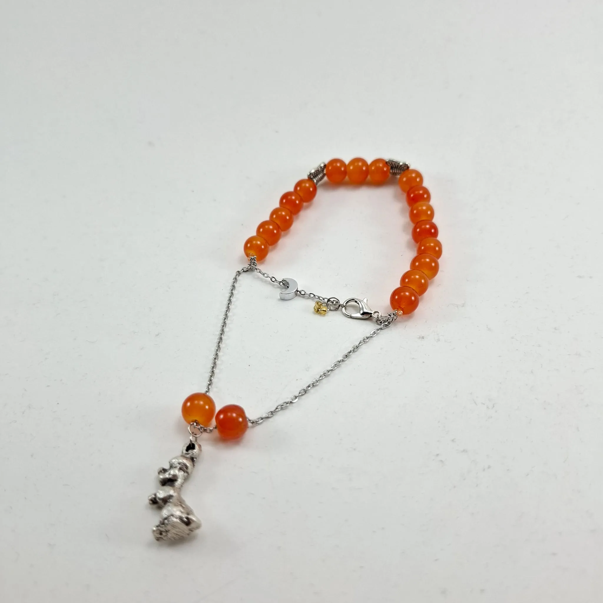 Orange Beaded Silver Chain Bracelet - Dog Figure Lucky Bracelet