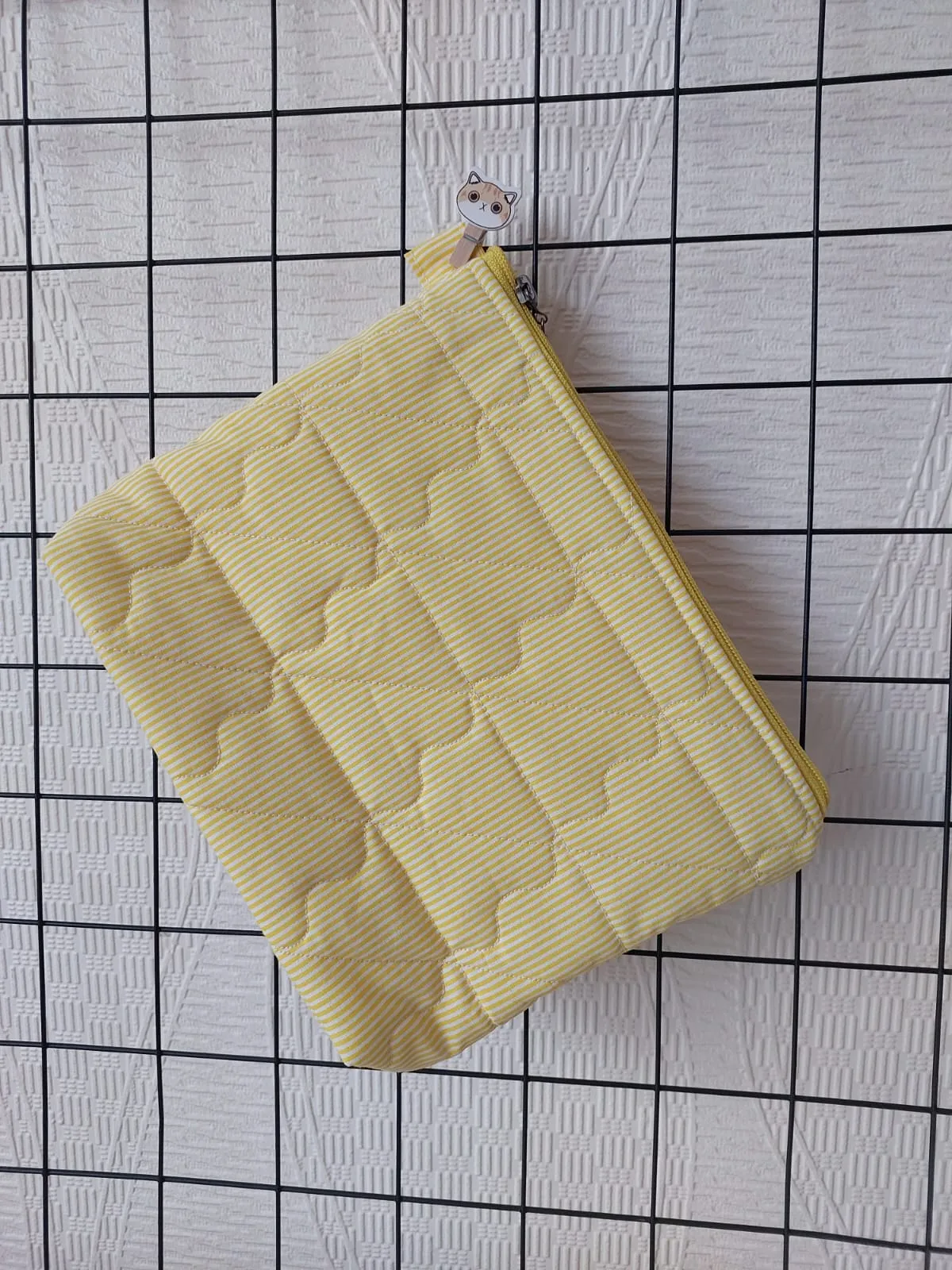 Yellow Striped Quilted Makeup Bag - Zippered, Handmade