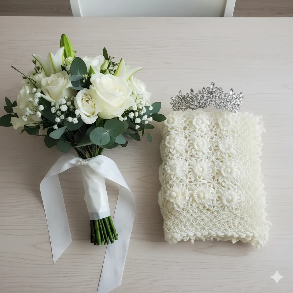 Krem Rengi Simli İpten Tığ İşi Gelin Şalı ve Saç Aksesuarı