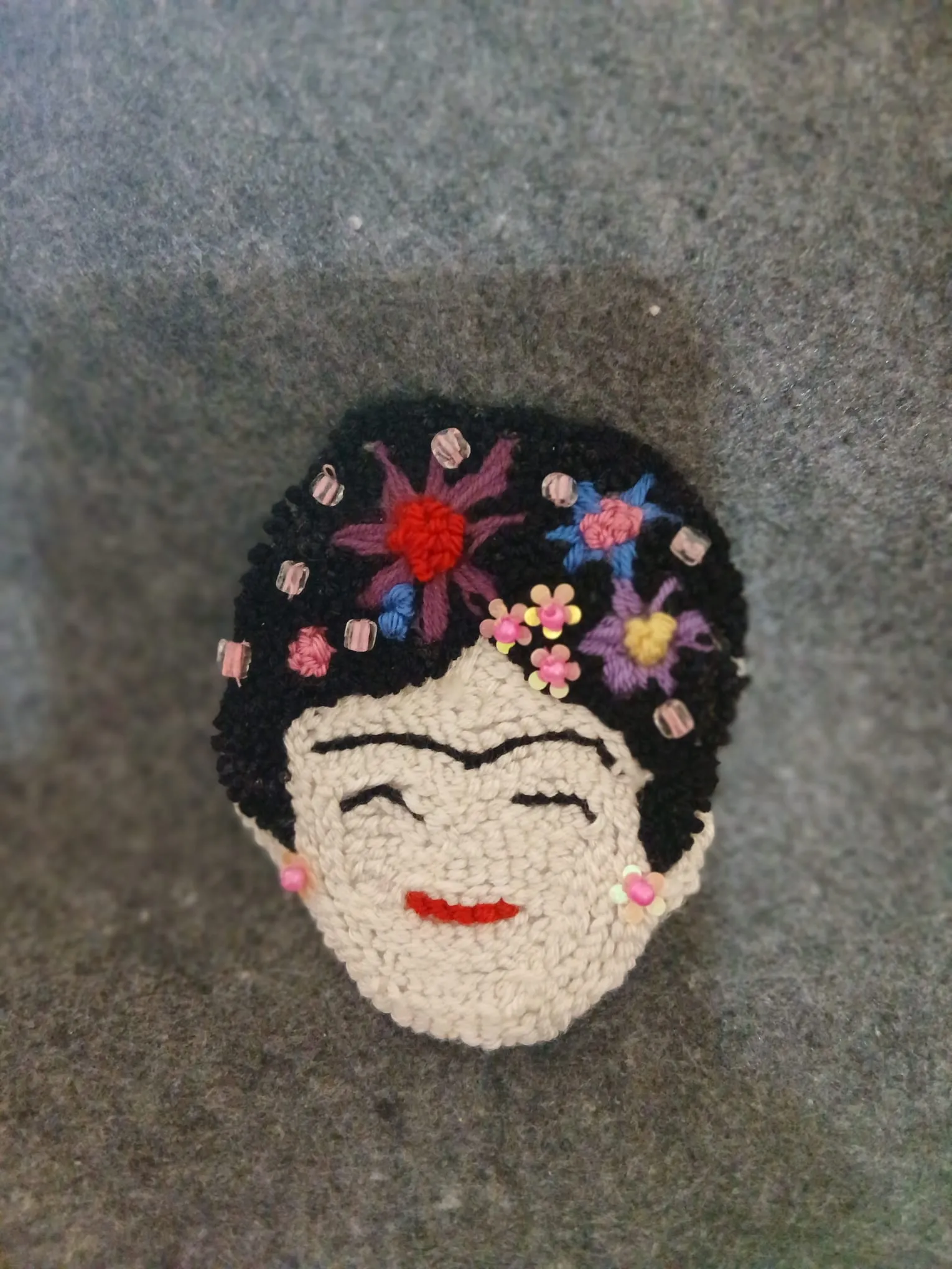 Frida Kahlo Themed Punch Needle Embroidery Brooch - Handmade Design