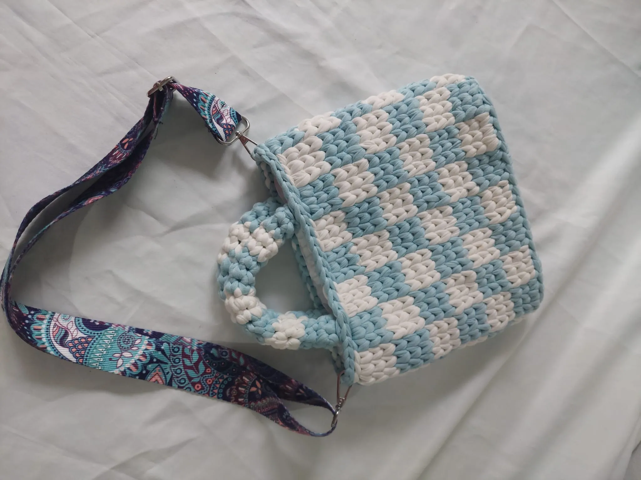Blue and White Checkered Crochet Shoulder Bag - Handmade