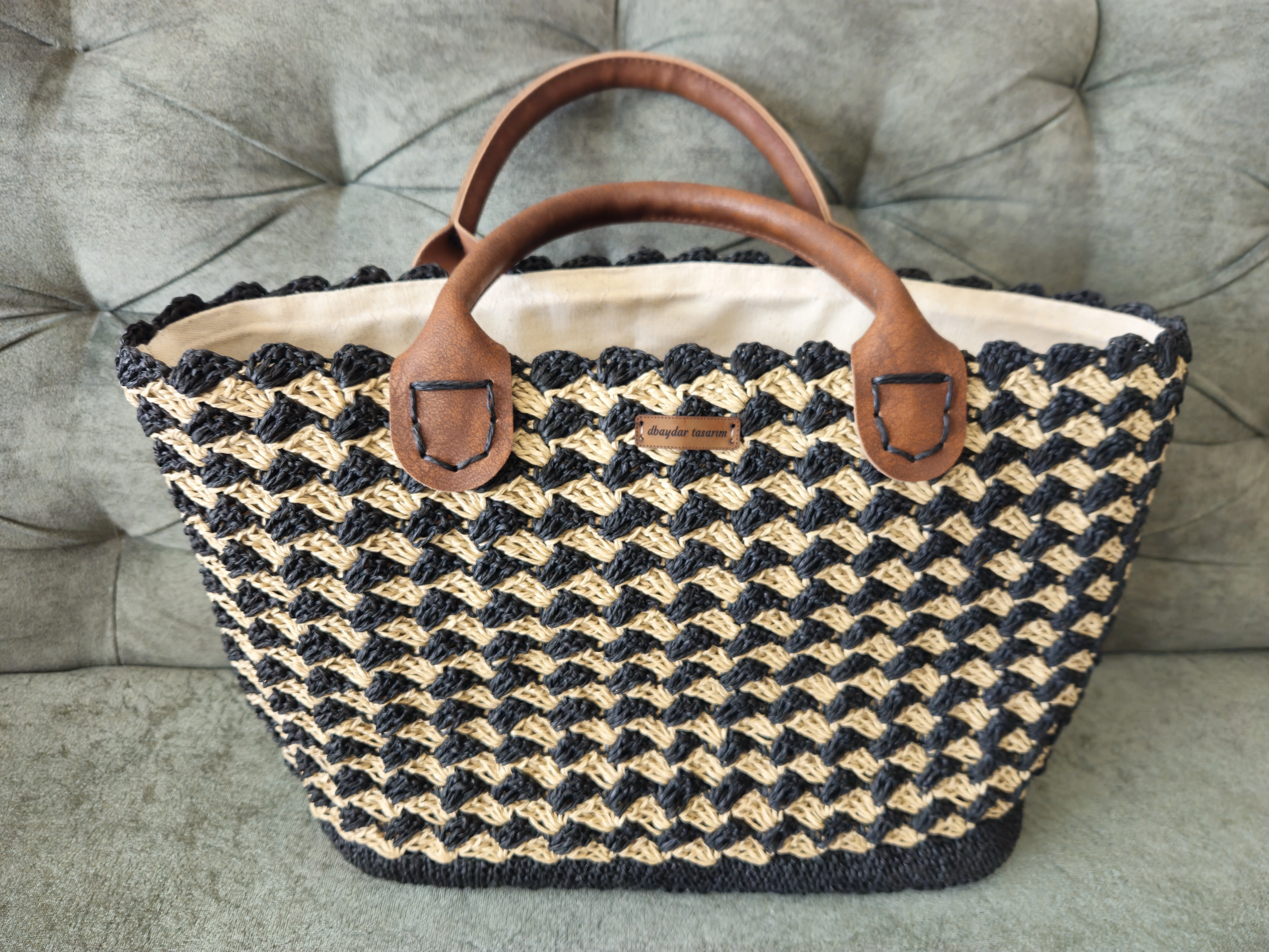 Black and Coffee Colored Knitted Pattern Shoulder Bag - Handmade