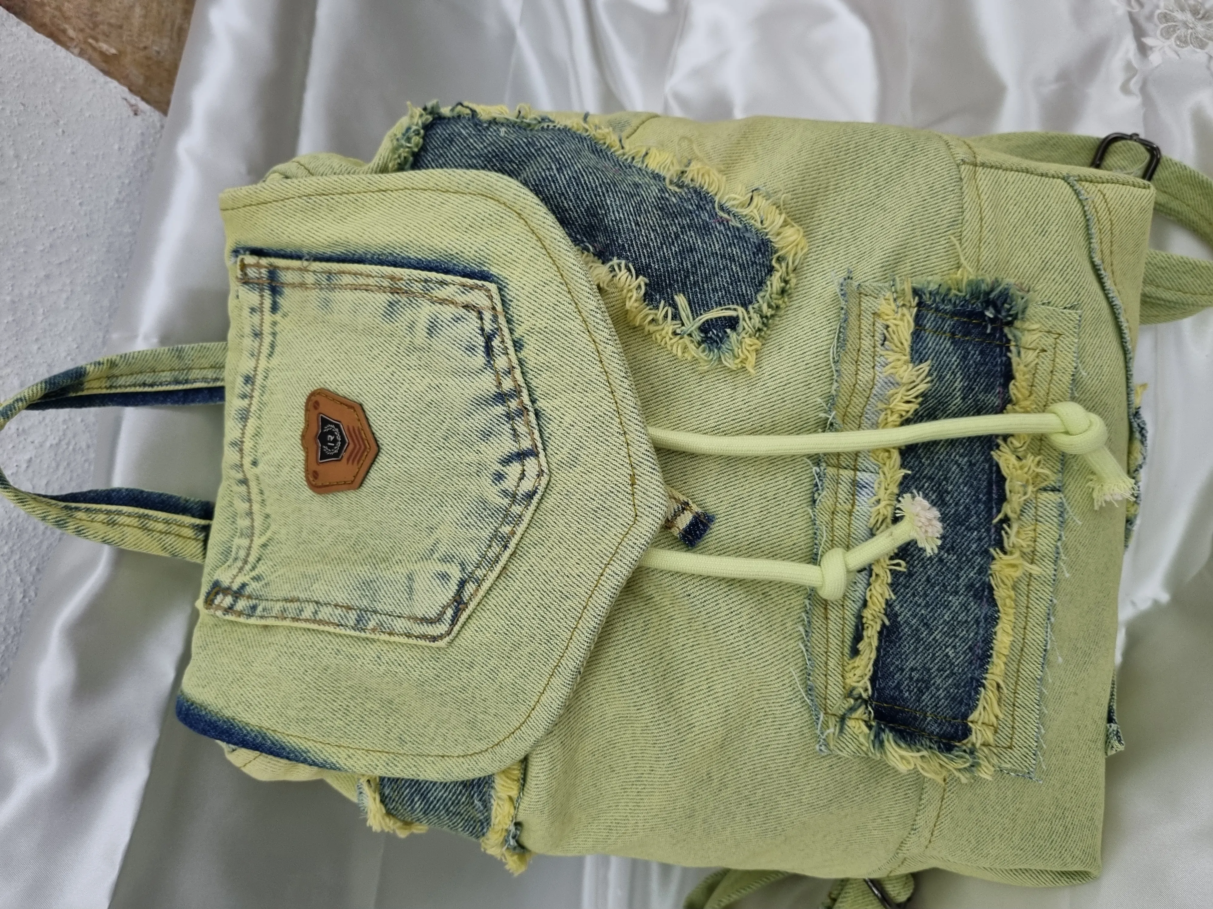 Light Green Washed Denim Backpack - Patchwork Detail and Drawstring Closure