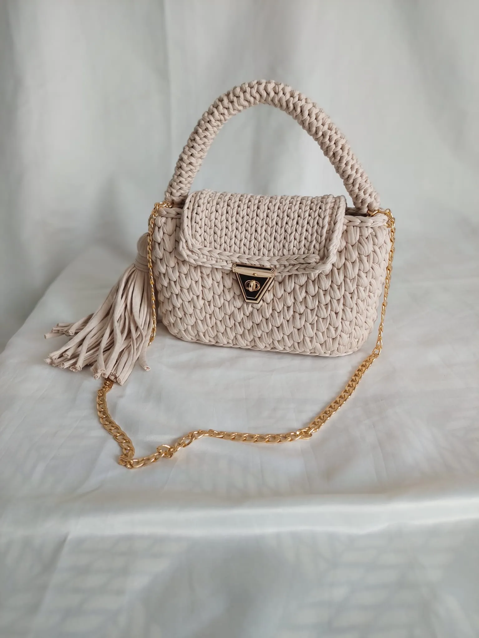 Cream Knit Shoulder Bag - Chain Strap and Tassel Detail