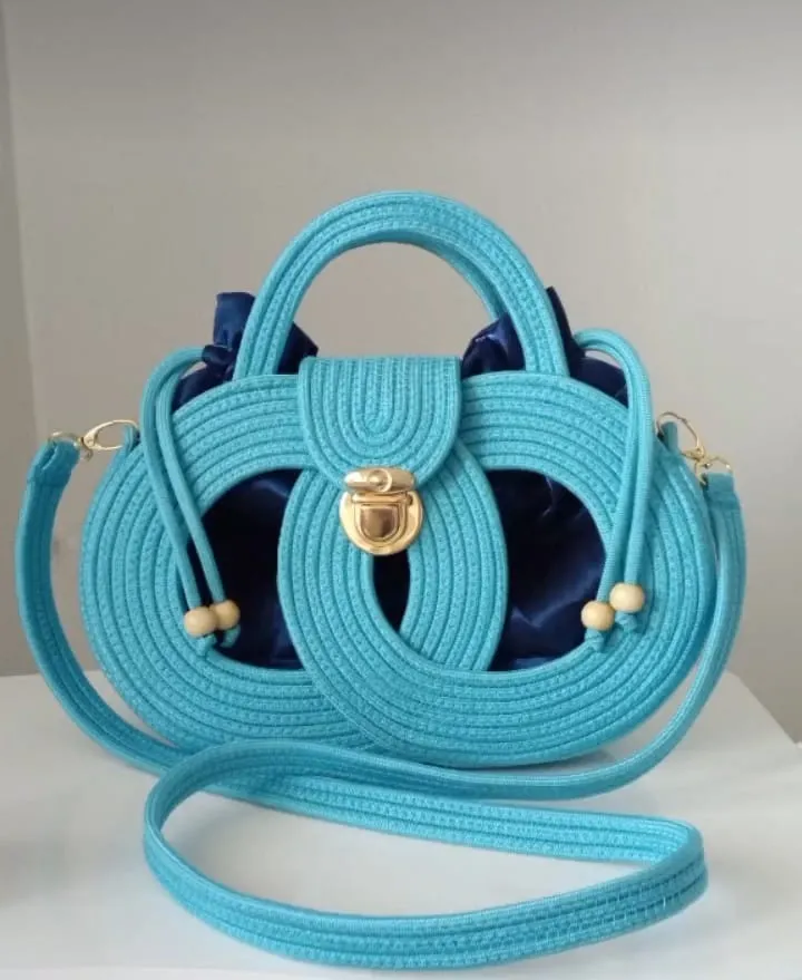 Turquoise Rope Knitted Shoulder Bag - Handmade Design