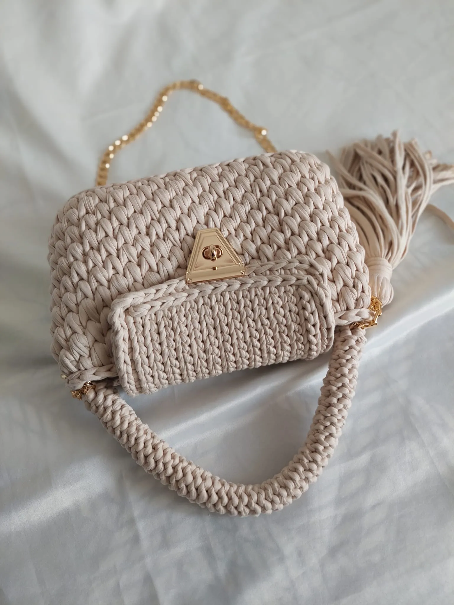 Cream Knit Shoulder Bag - Chain Strap and Tassel Detail