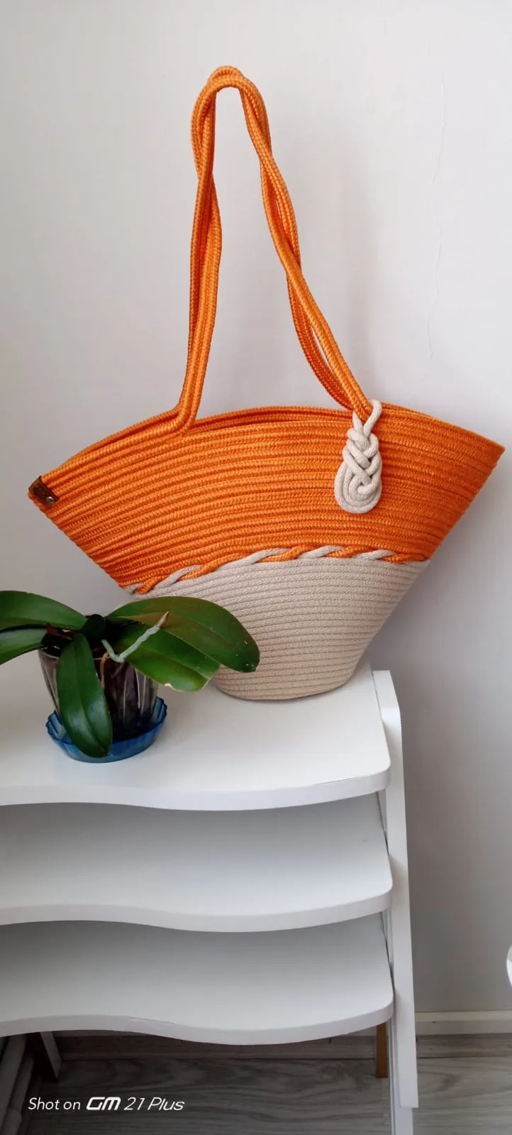 Orange and Cream Rope Cord Knit Beach Bag