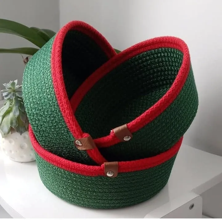Green and Red Detailed 3-Piece Rope Basket Set - Handmade