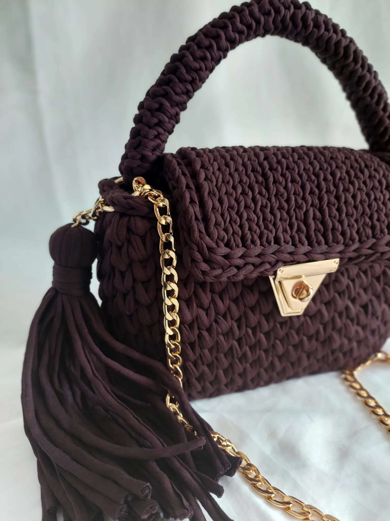 Brown Knit Shoulder Bag - Gold Chain and Tassel Detail