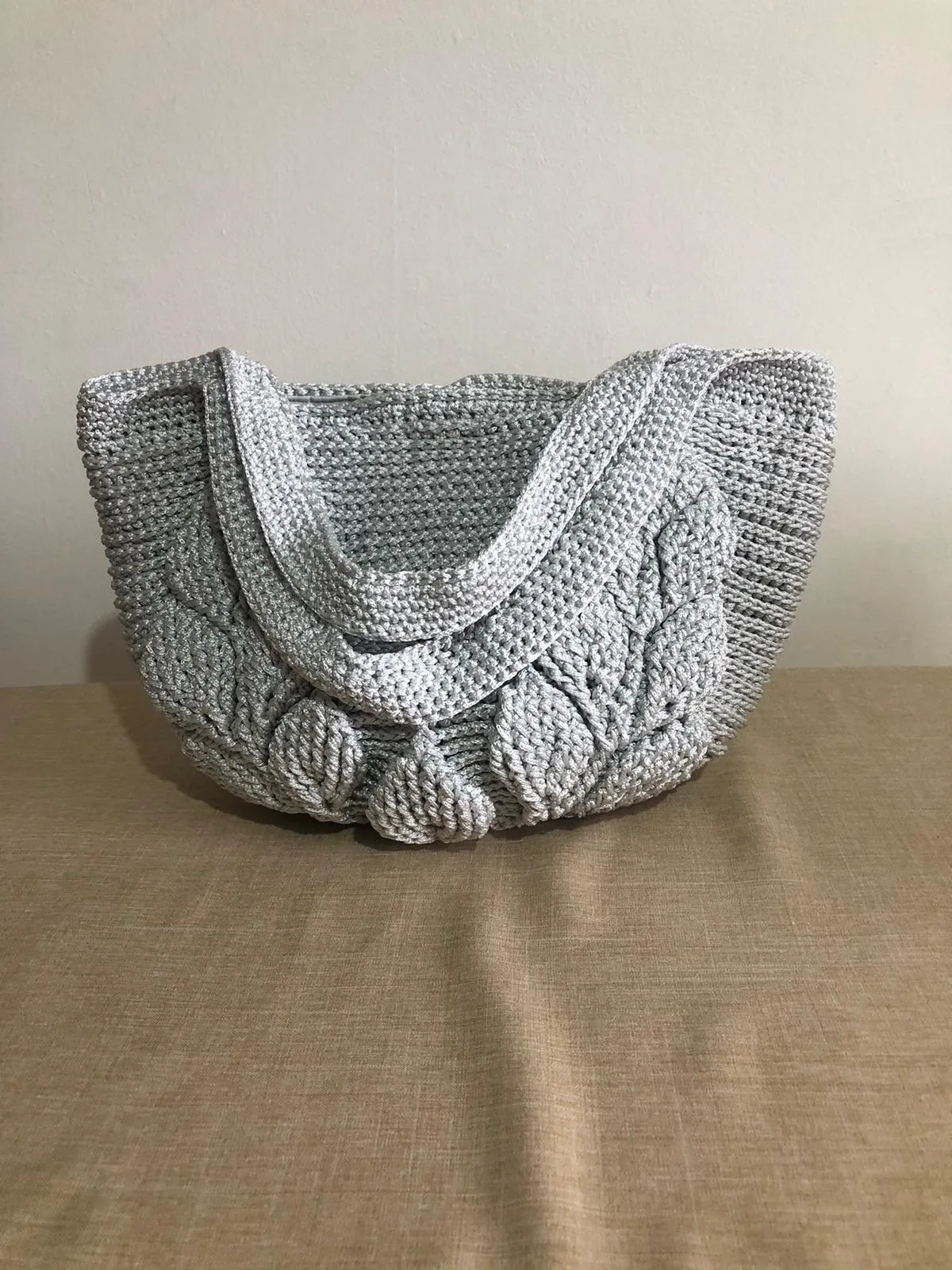 Gray Polyester Macrame Knit Shoulder Bag - Handmade with 3D Leaf Pattern