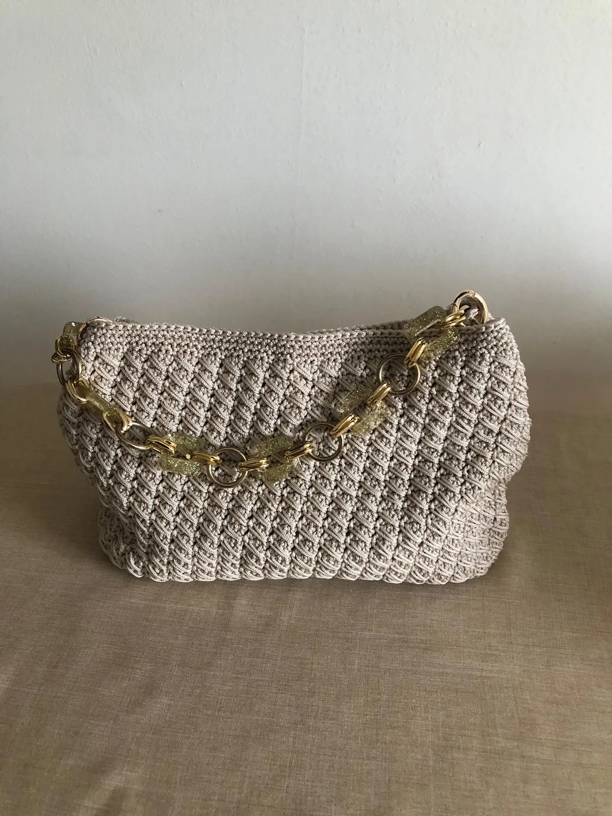 Cream Color Polyester Macrame Shoulder Bag with Gold Color Chain Detail - Handmade