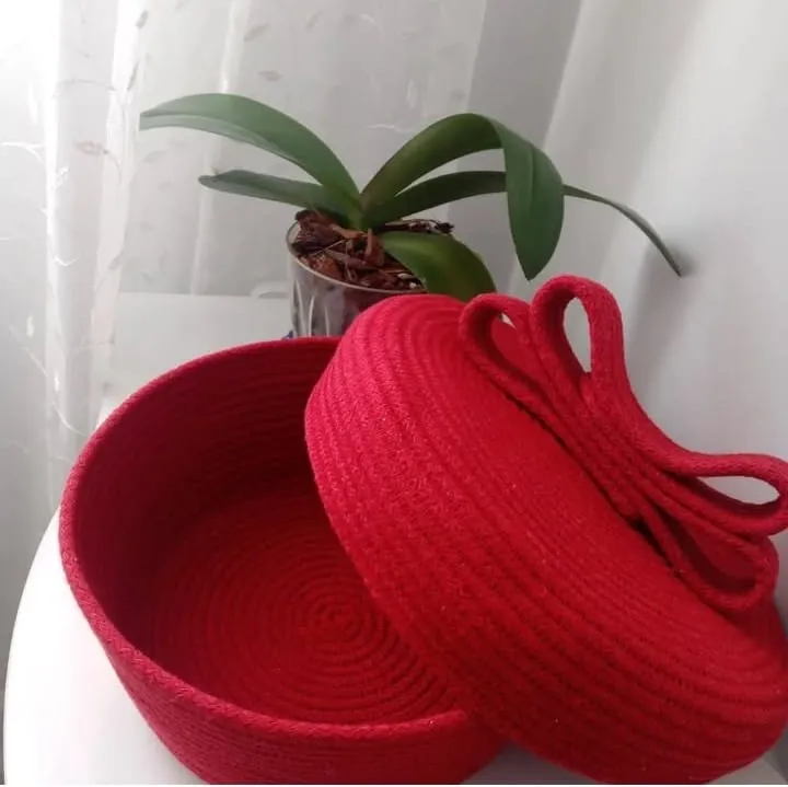 Red Rope Basket - Gift Basket with Lid - Handmade Basket