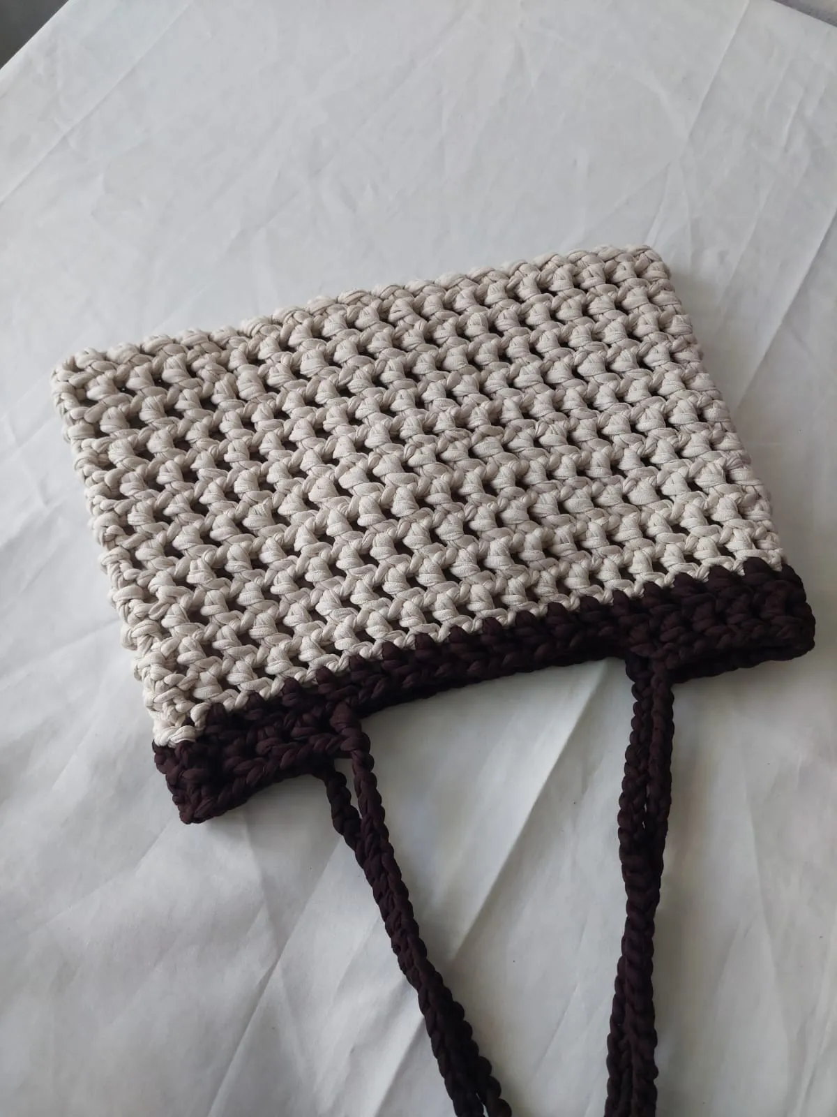 Cream and Brown Macrame Knitted Shoulder Bag - Handmade