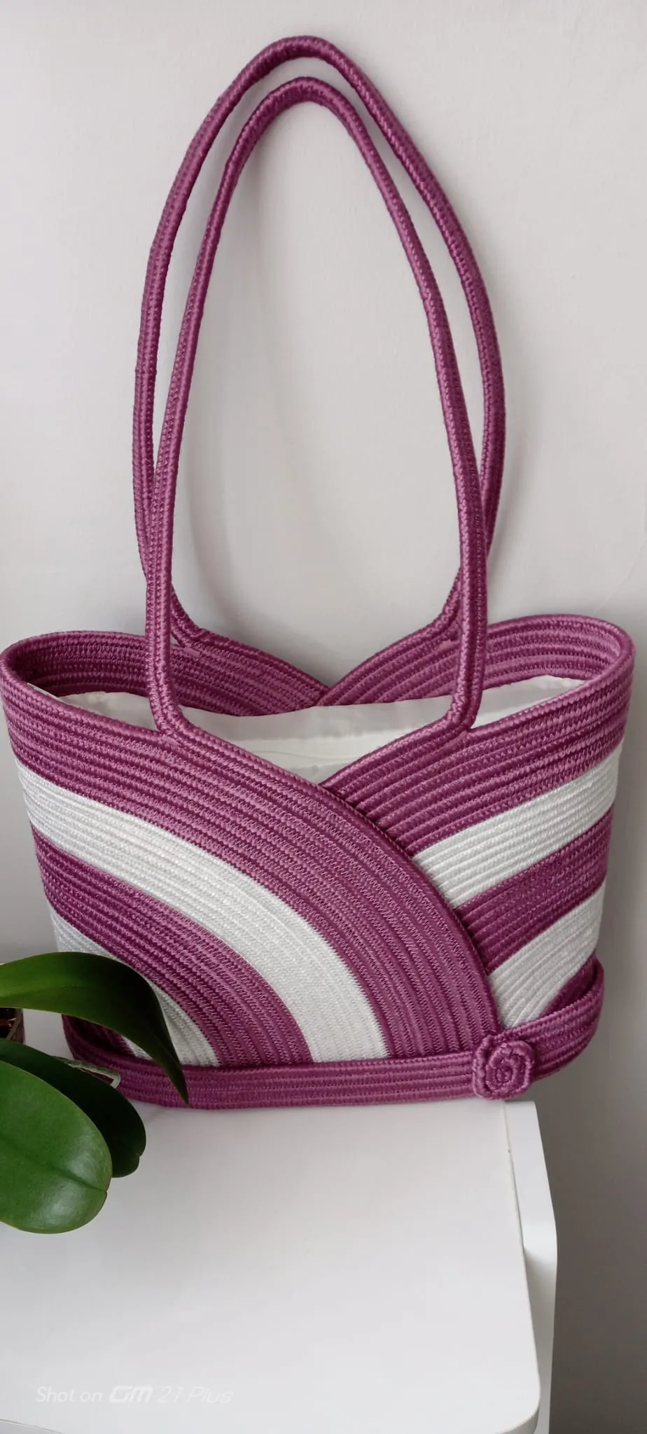 Purple and White Striped Rope Knit Beach Bag - Handmade
