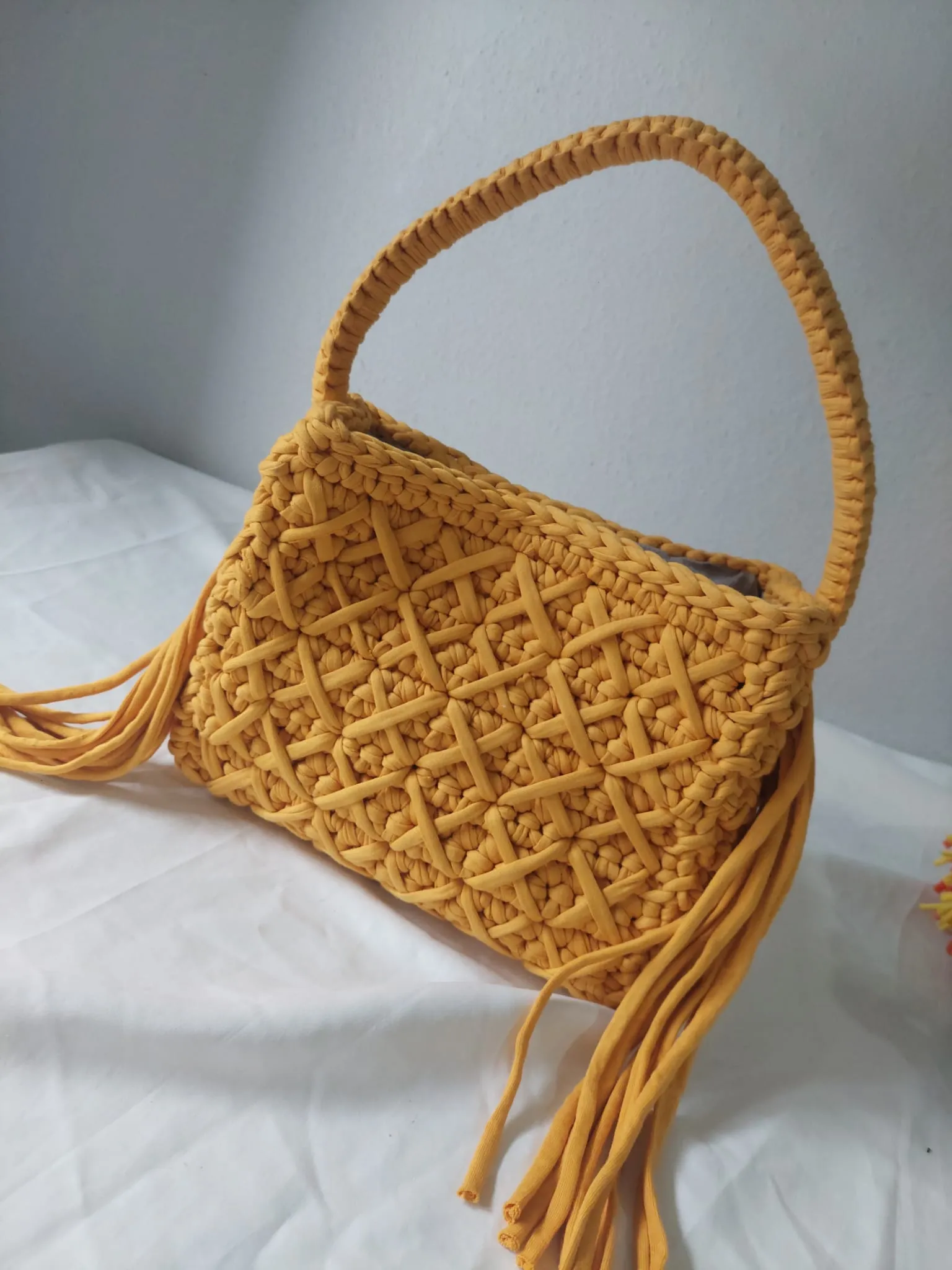 Yellow Macrame Knitted Shoulder Bag - Handmade Design