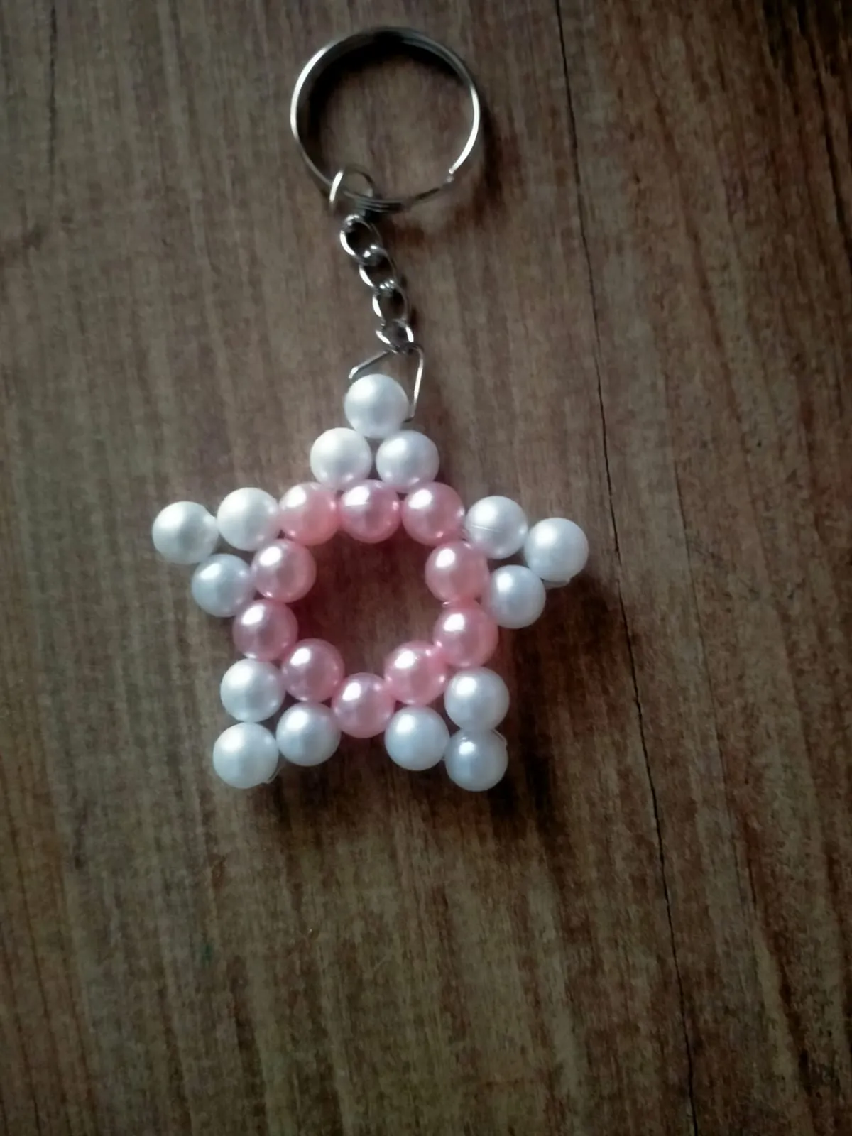 Handmade Beaded Star Keychain - Pink & White