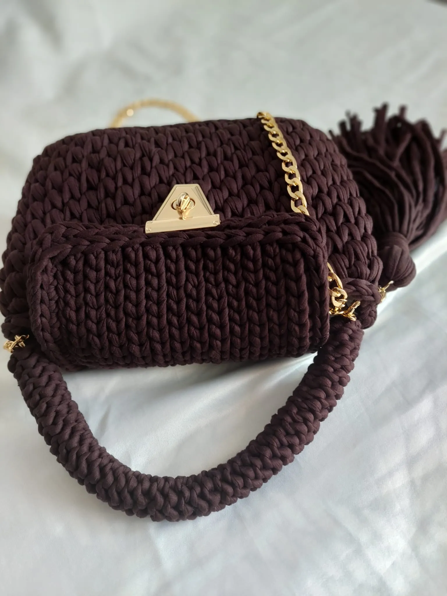 Brown Knit Shoulder Bag - Gold Chain and Tassel Detail