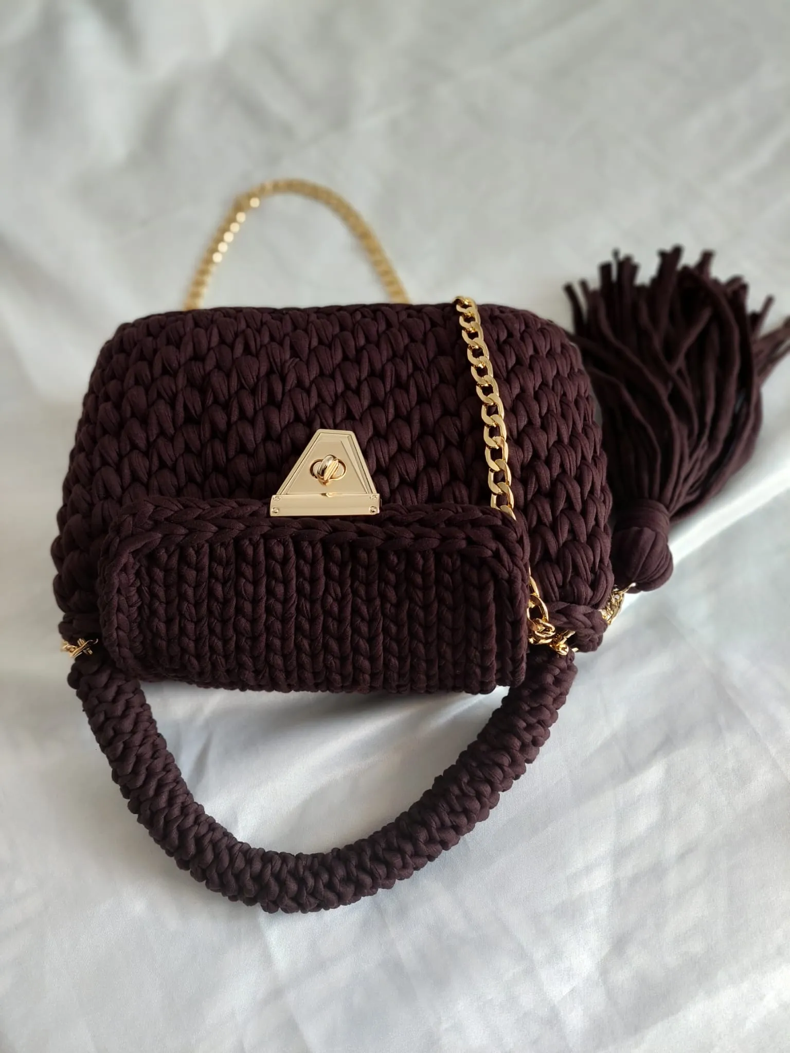 Brown Knit Shoulder Bag - Gold Chain and Tassel Detail