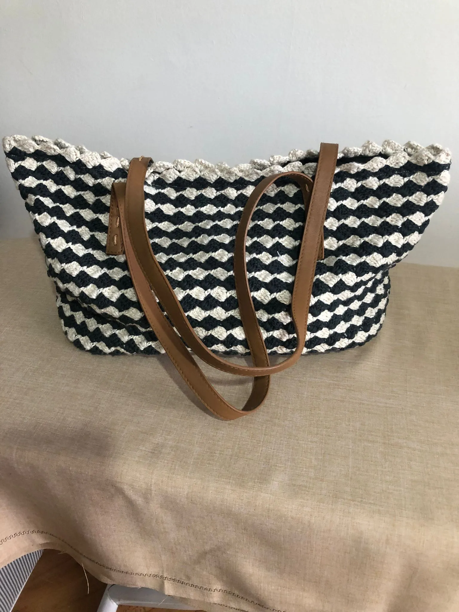 Black and White Checkered Cotton Macrame Shoulder Bag - Handmade