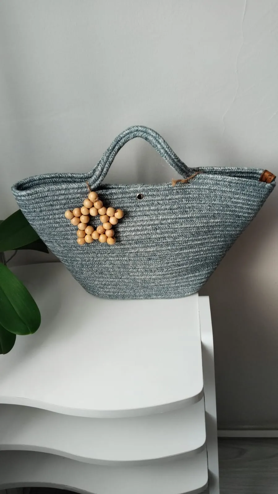 Gray Rope String Beach Bag with Wooden Star Detail and Large Capacity