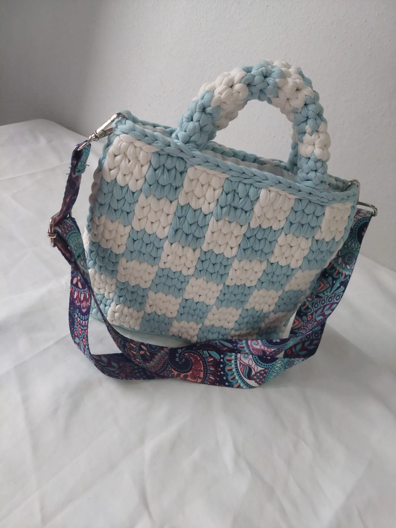 Blue and White Checkered Crochet Shoulder Bag - Handmade