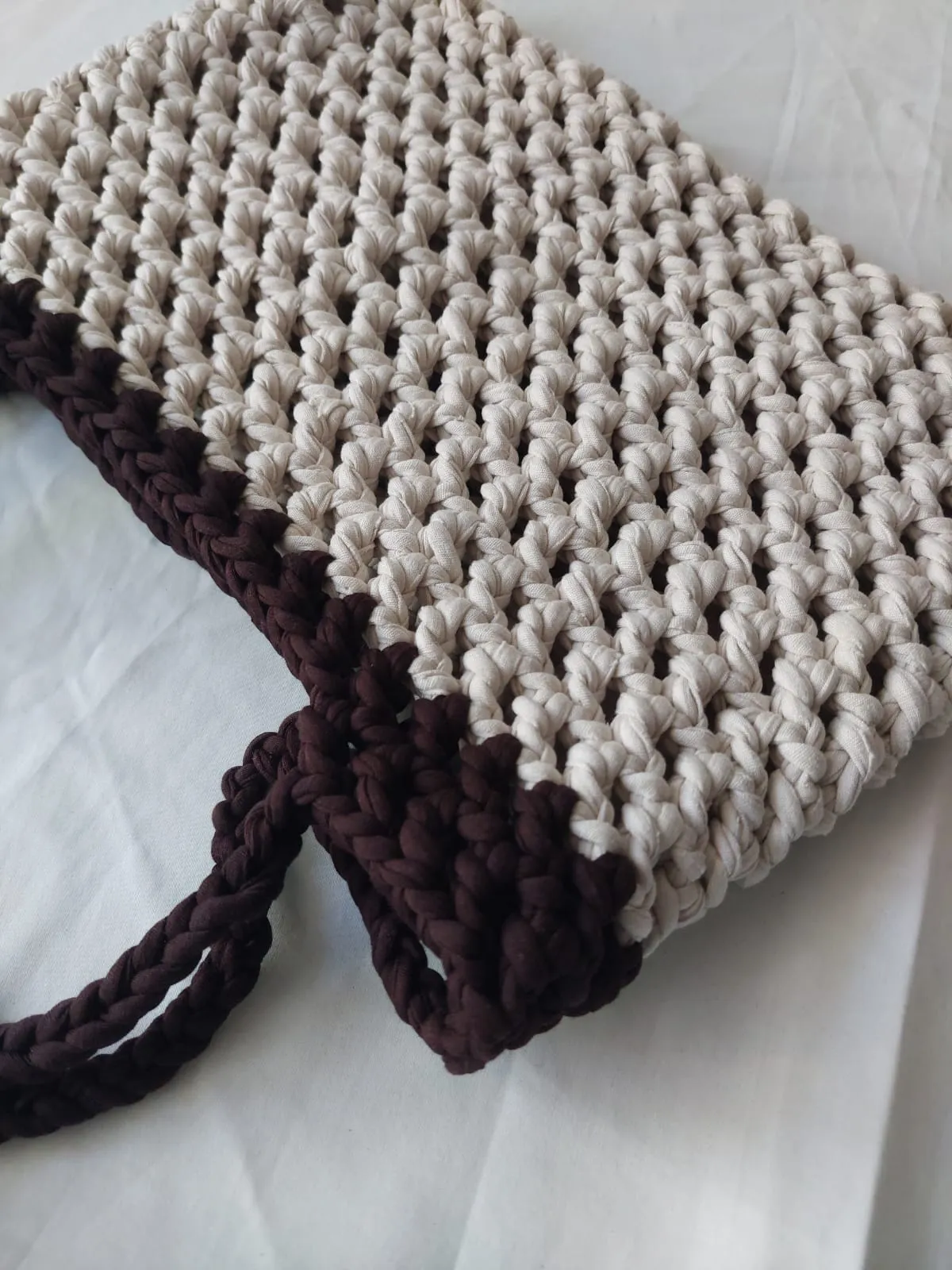 Cream and Brown Macrame Knitted Shoulder Bag - Handmade