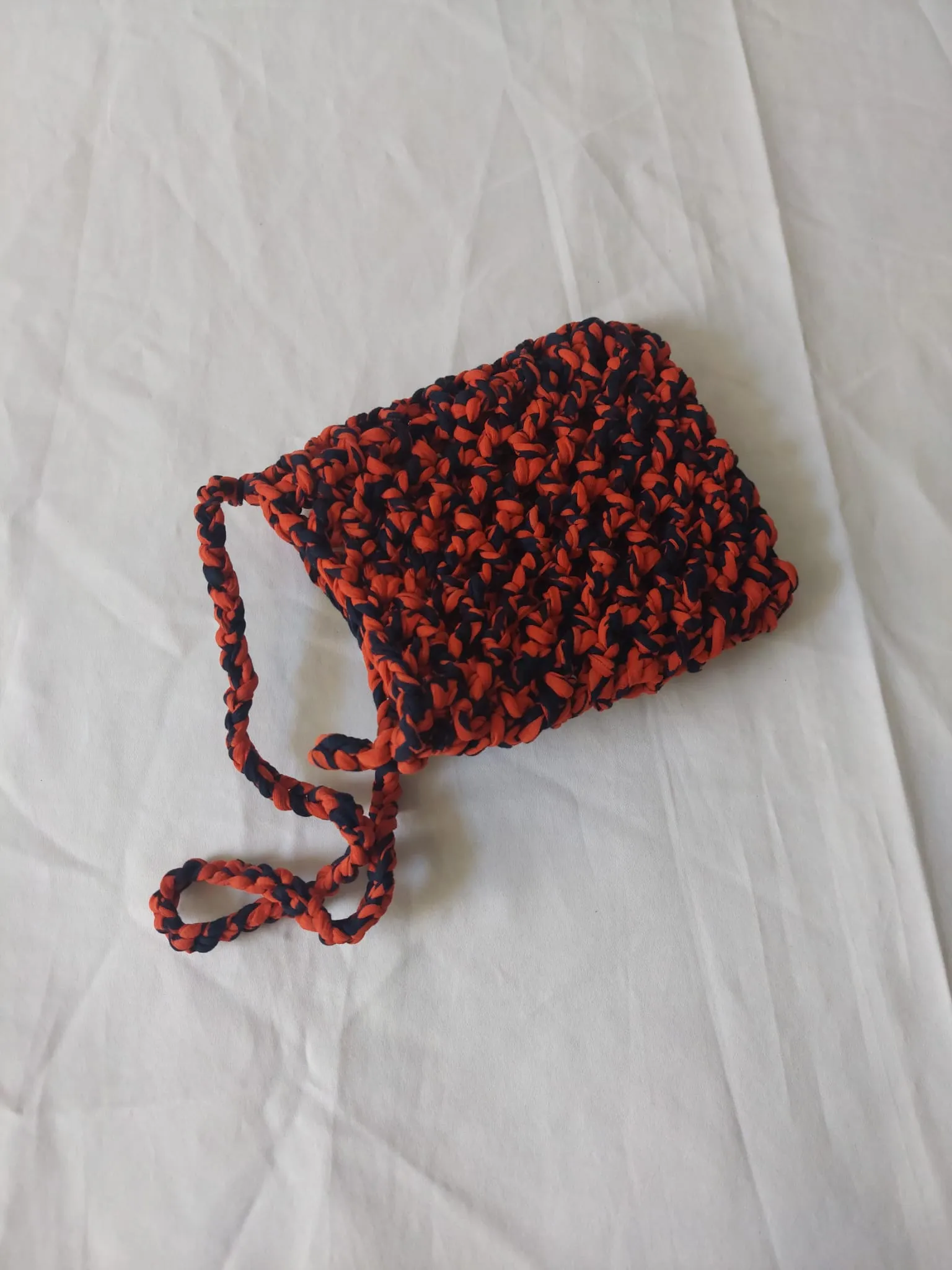 Orange and Navy Blue Knitted Pattern Phone Bag - Handmade