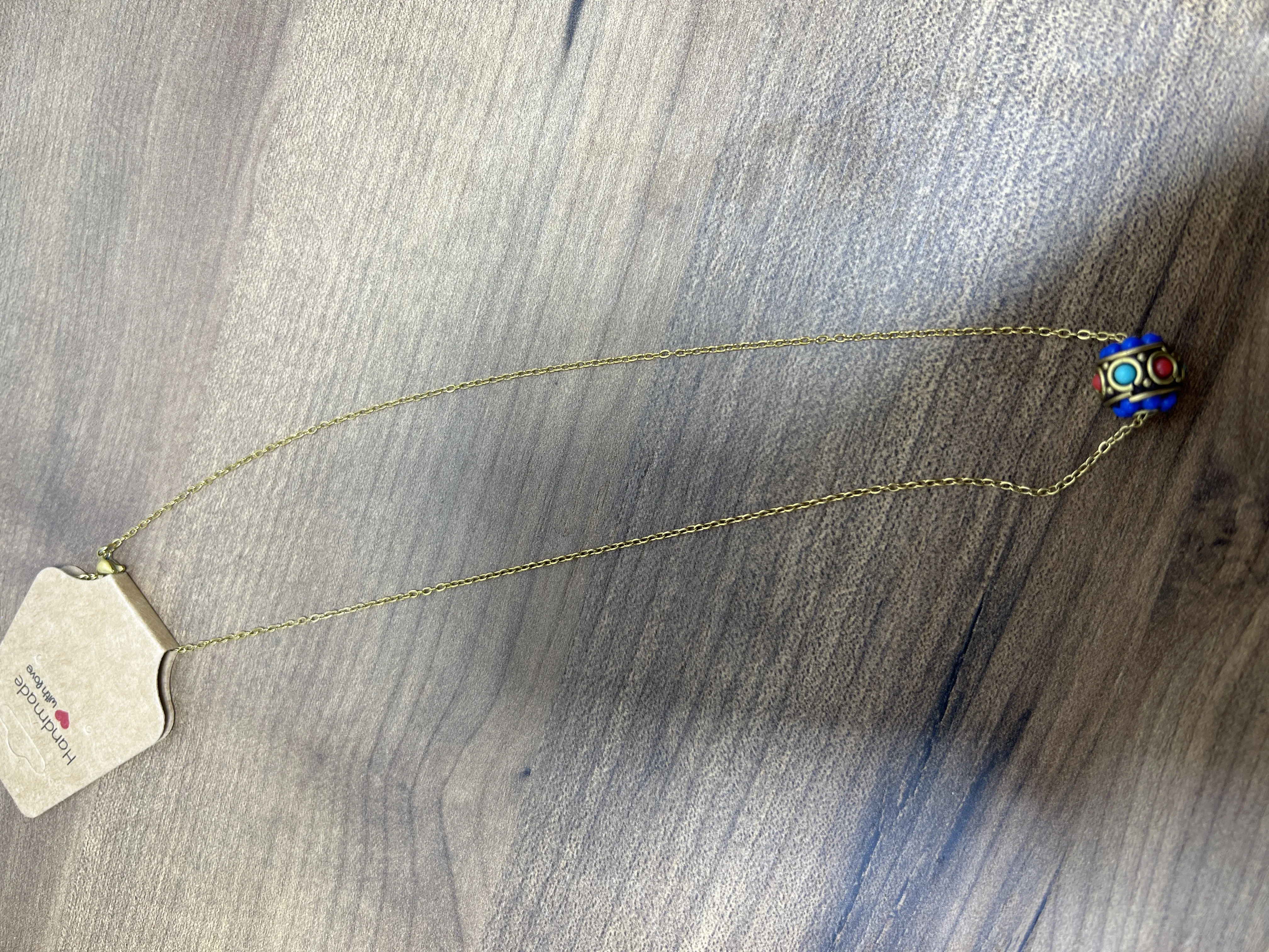 Gold Colored Chain Necklace with Multicolored Bead Details - Handmade