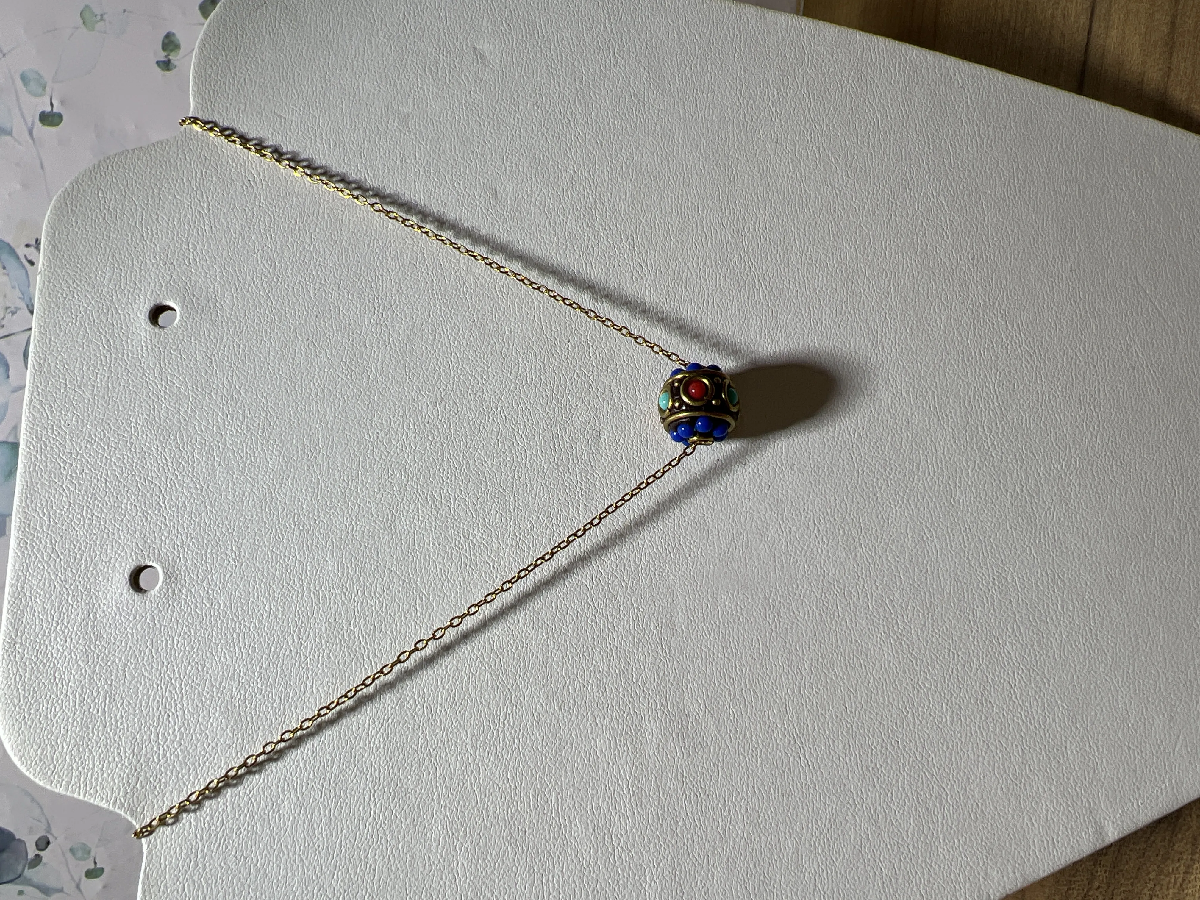 Gold Colored Chain Necklace with Multicolored Bead Details - Handmade