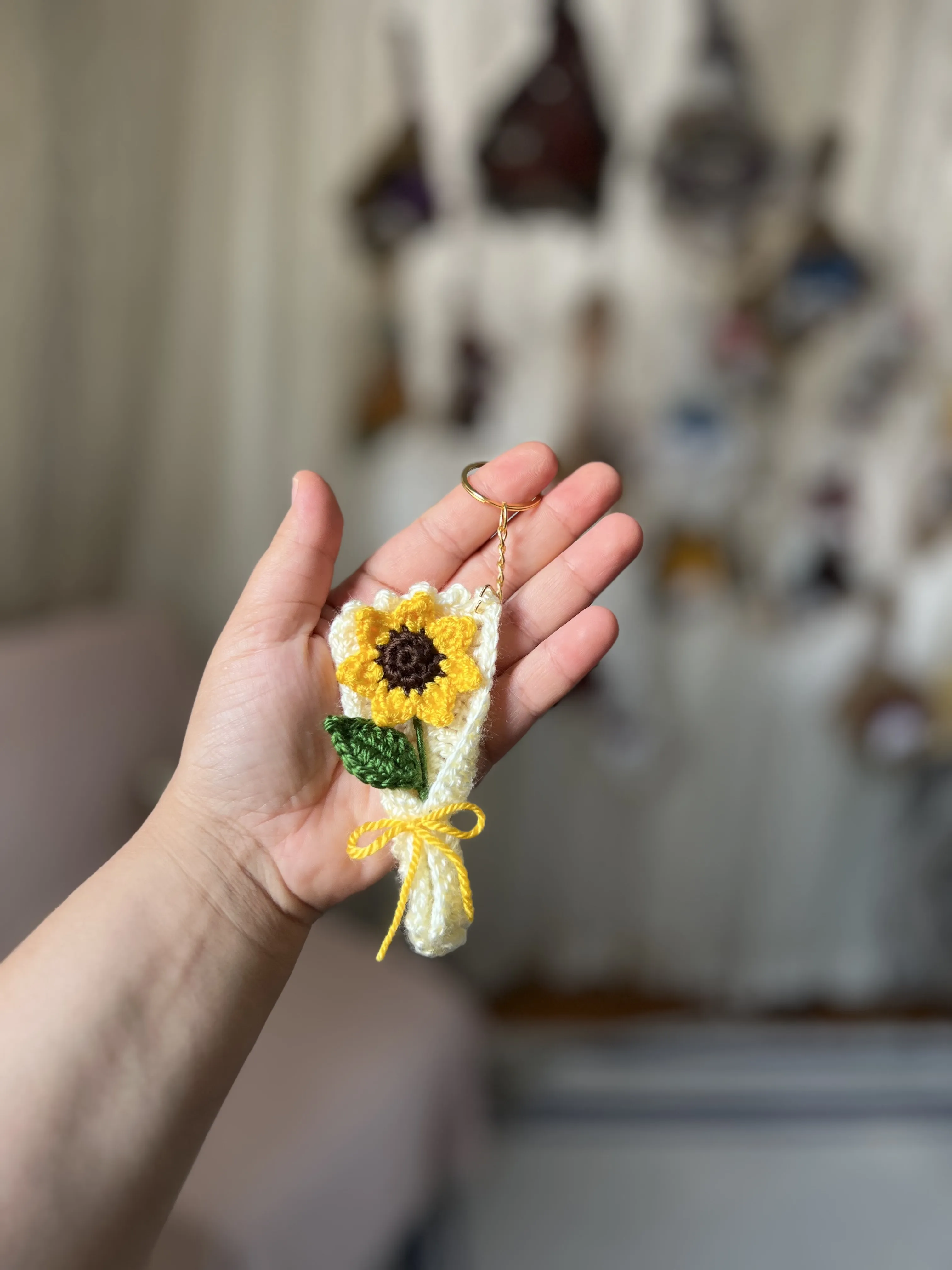 Yellow Sunflower Bouquet Knitted Keychain - Handmade Mini Size