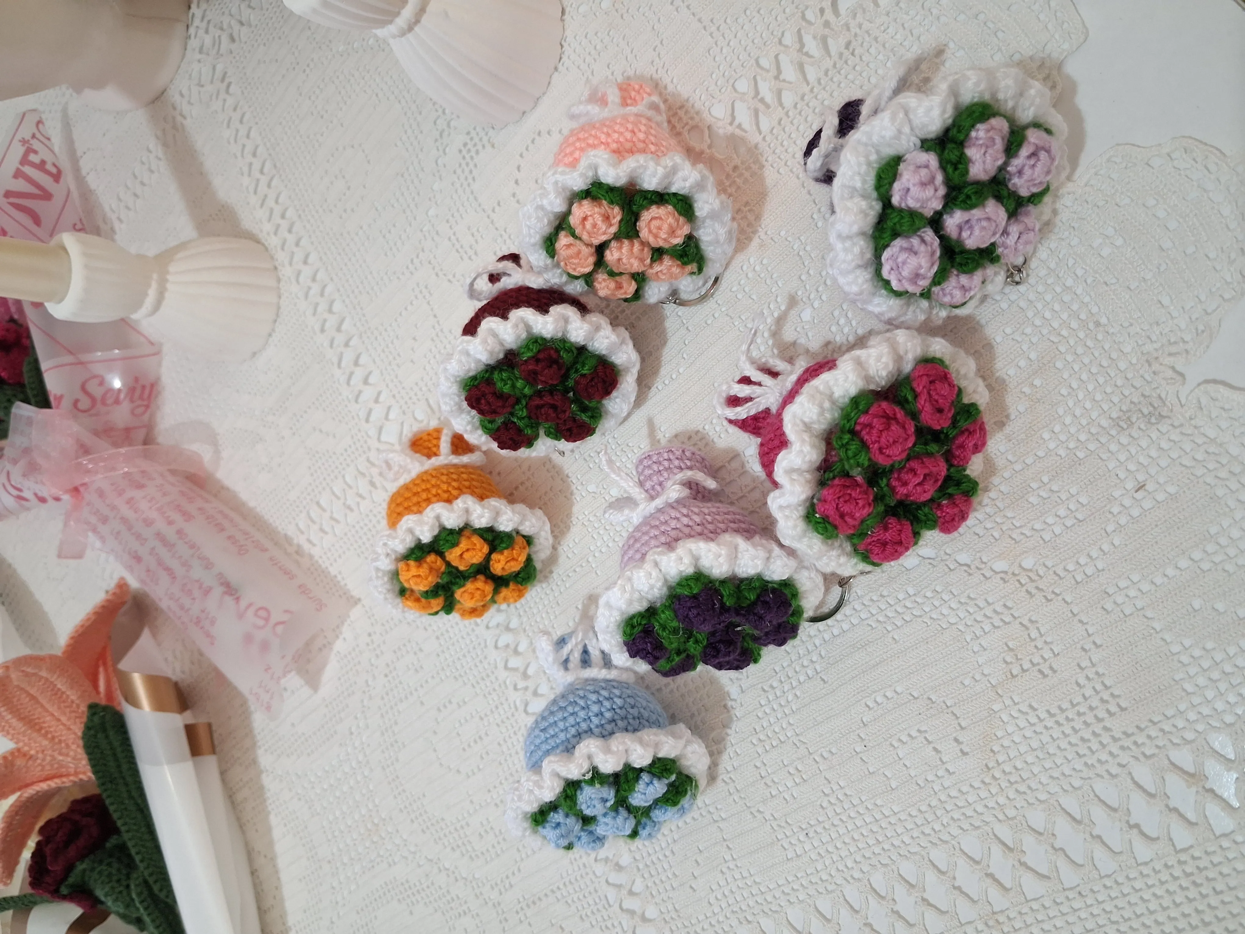 Colorful Knitted Flower Bouquet Keychain - Handmade Gift