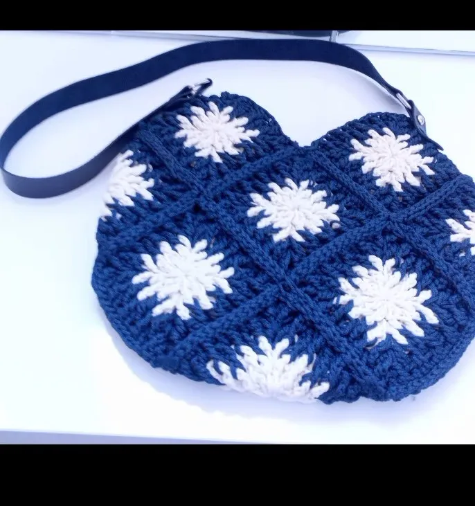 Navy Blue and Cream Colored Floral Pattern Knitted Shoulder Bag - Handmade from Macrame Yarn