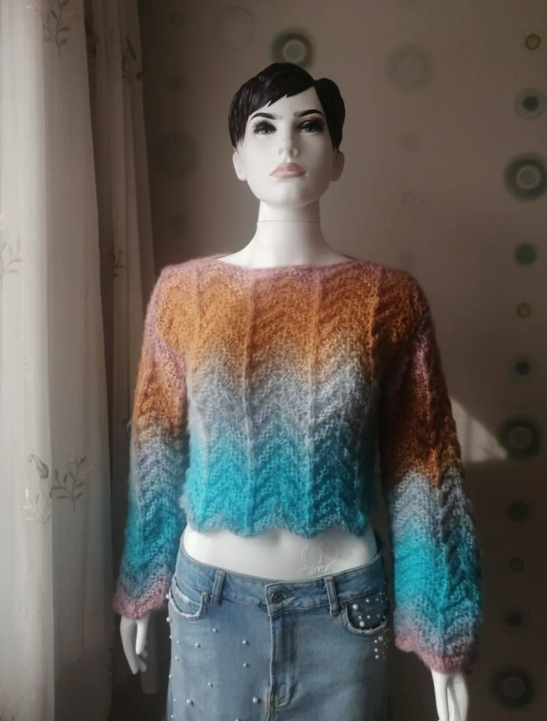 Batik Patterned Mohair Yarn Hand Knit Crop Sweater - Size 36-38
