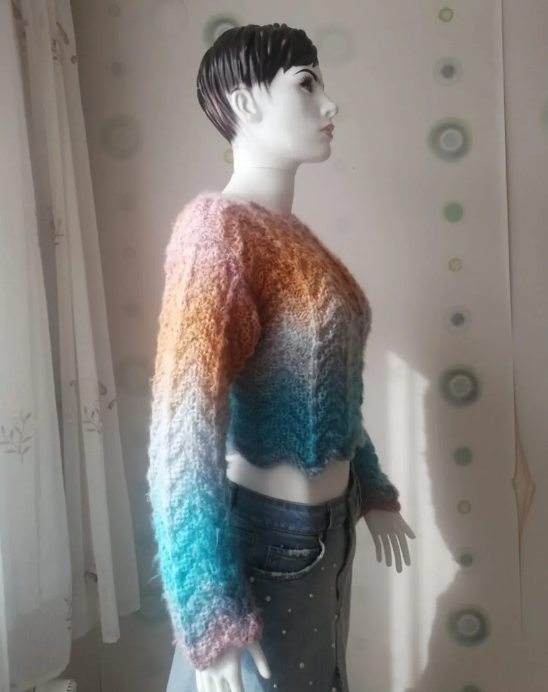 Batik Patterned Mohair Yarn Hand Knit Crop Sweater - Size 36-38