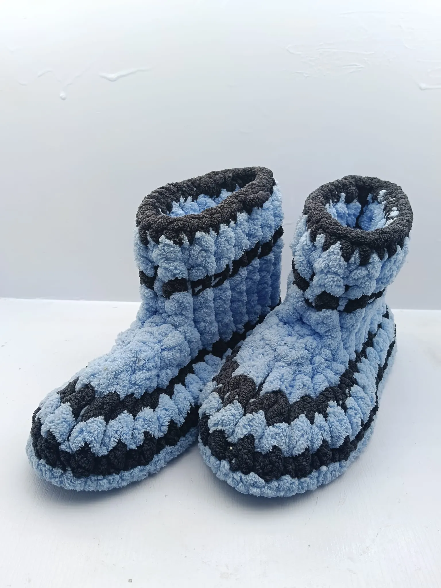 Navy Blue Striped Children's House Slippers - Hand Knitted Size 30-31