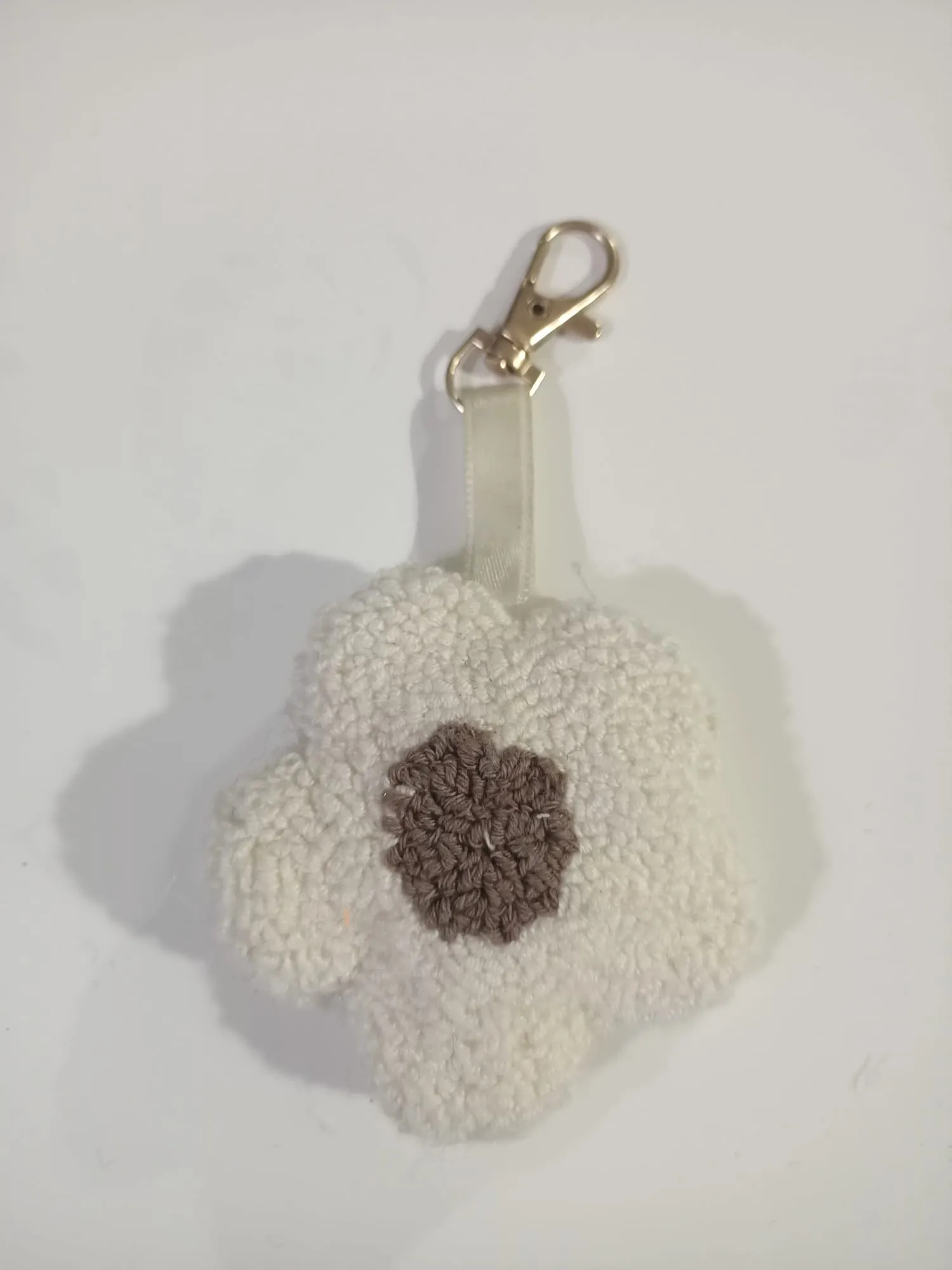 White and Brown Floral Pom Pom Keychain - Handmade