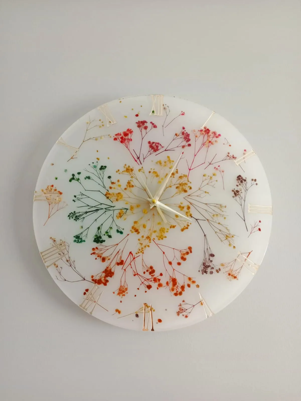 Dried Flower Detailed Transparent Epoxy Wall Clock - 38 cm, Gold Numerals