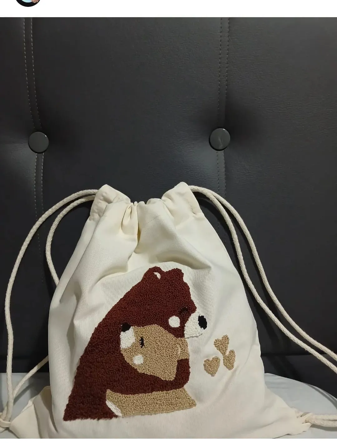 Cream-colored Bear Patterned Cotton Drawstring Bag - Handmade