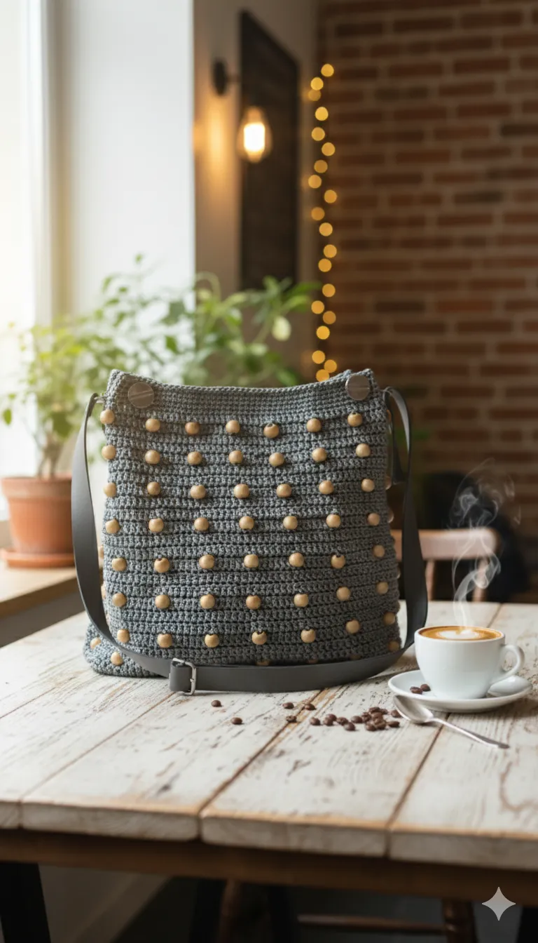 Gray Knitted Shoulder Bag with Wooden Bead Details - Handmade