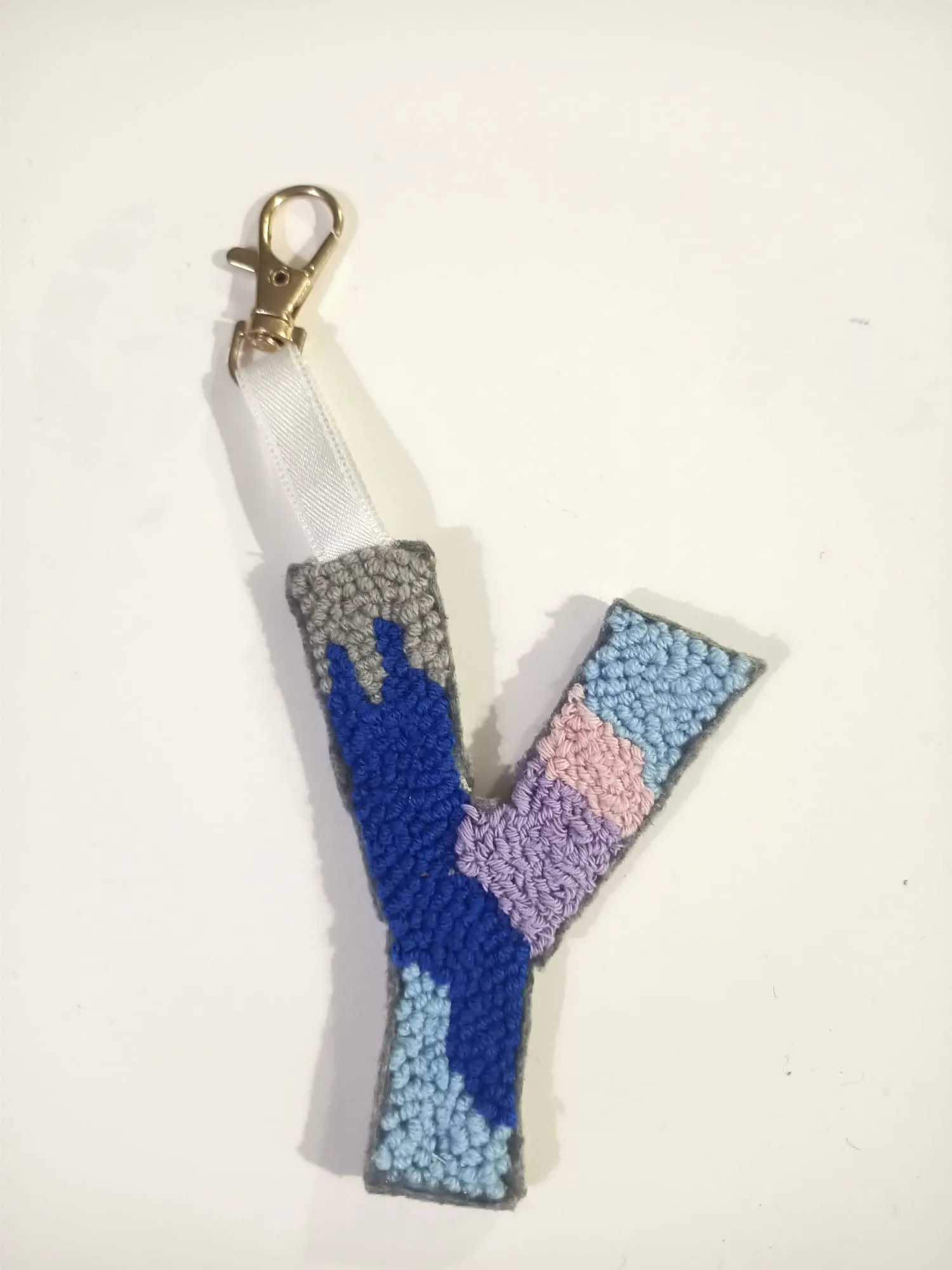 Y Letter Punch Needle Keychain - Blue, Lilac, Pink - Handmade