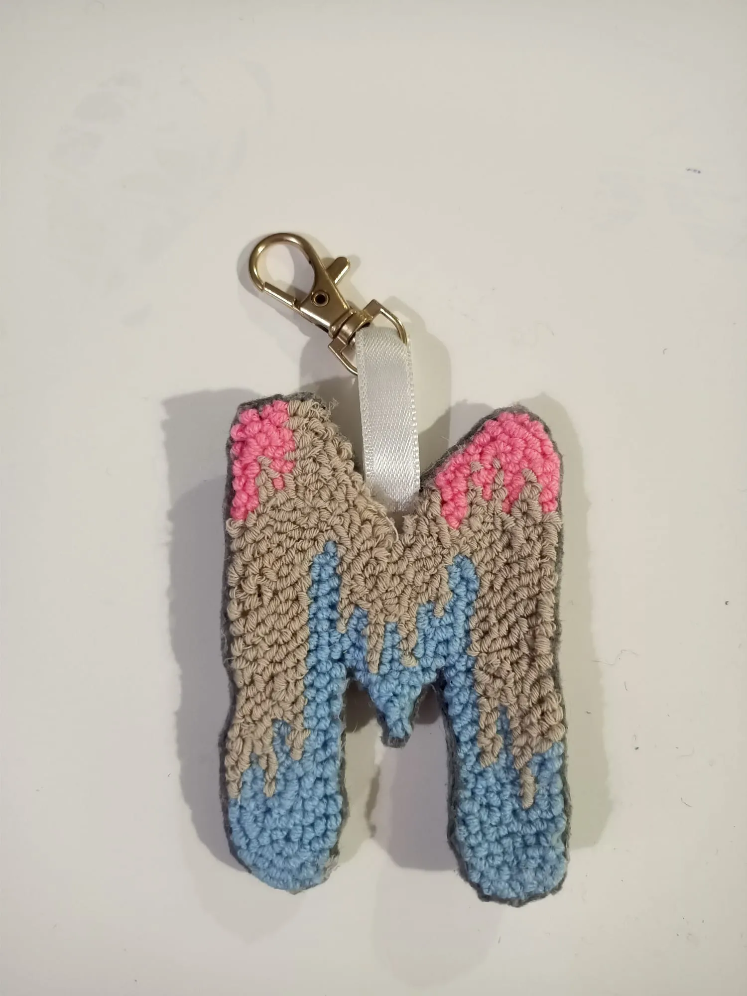 Knitted M Letter Keychain - Pink, Blue and Beige - Handmade